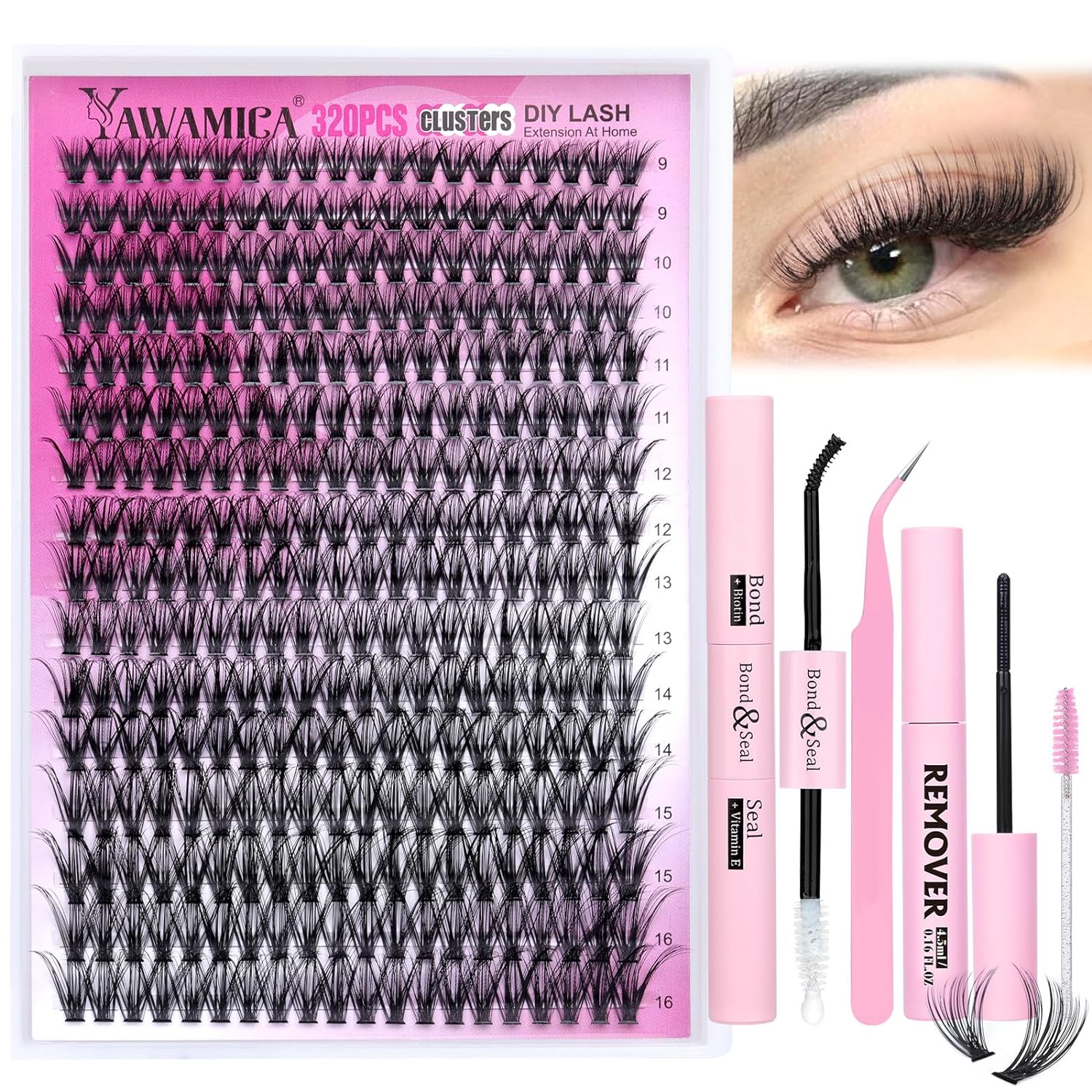 Eyelash Extension Kit 320pcs Lash Clusters D Curl 9-16mm Mix 40D Individual Lashes with Lash Bond and Seal and Remover Lash Applicator for Lash Extension Beginners