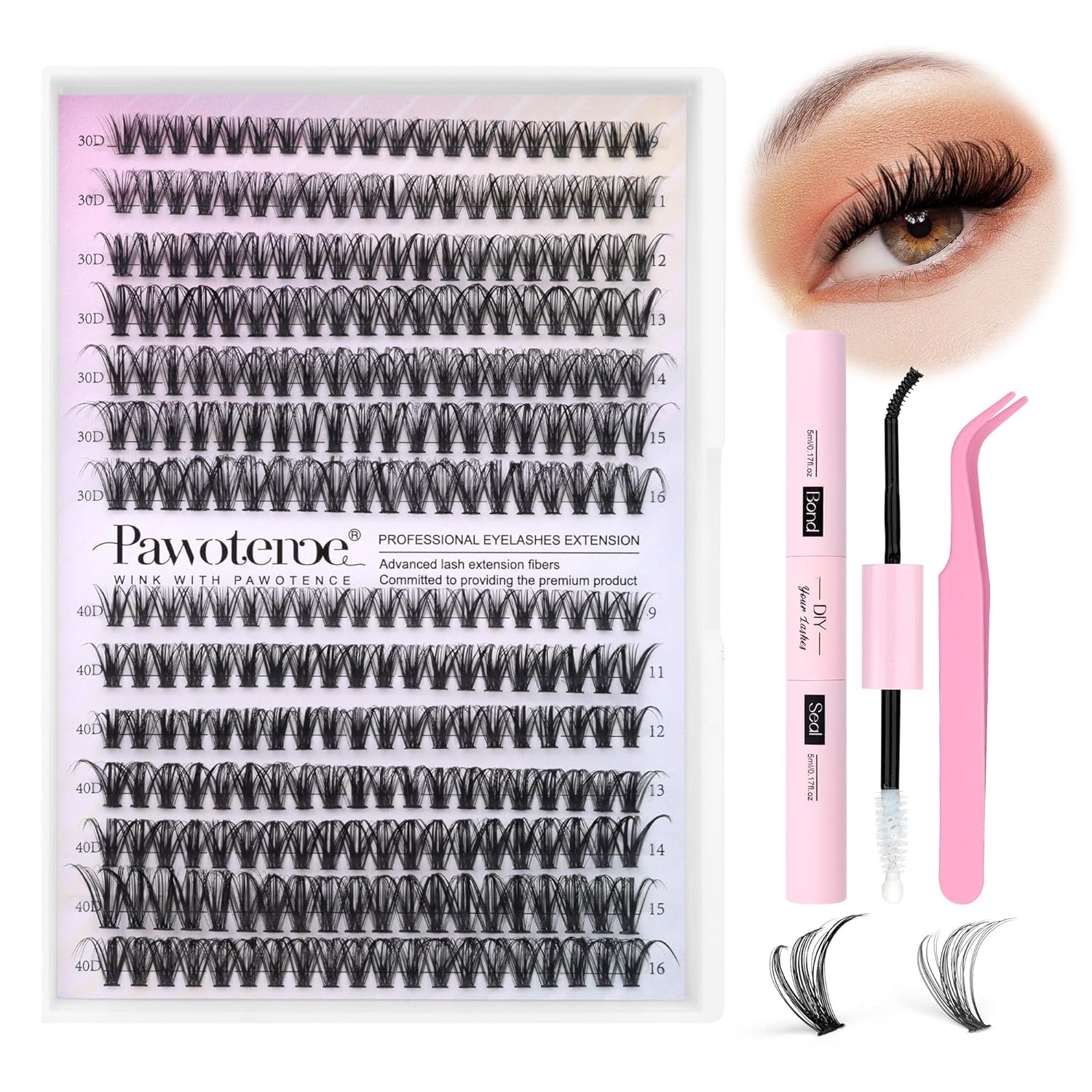 Pawotence Lash Extension Kit DIY 280pcs Lash Clusters Eyelash Extension Kit, 9-16mm Mix 30D 40D Curl Individual Lashes Kit with Lash Bond and Seal Lash Tweezers for Self Use(30D&40D-0.07D-9-16MIX KIT)