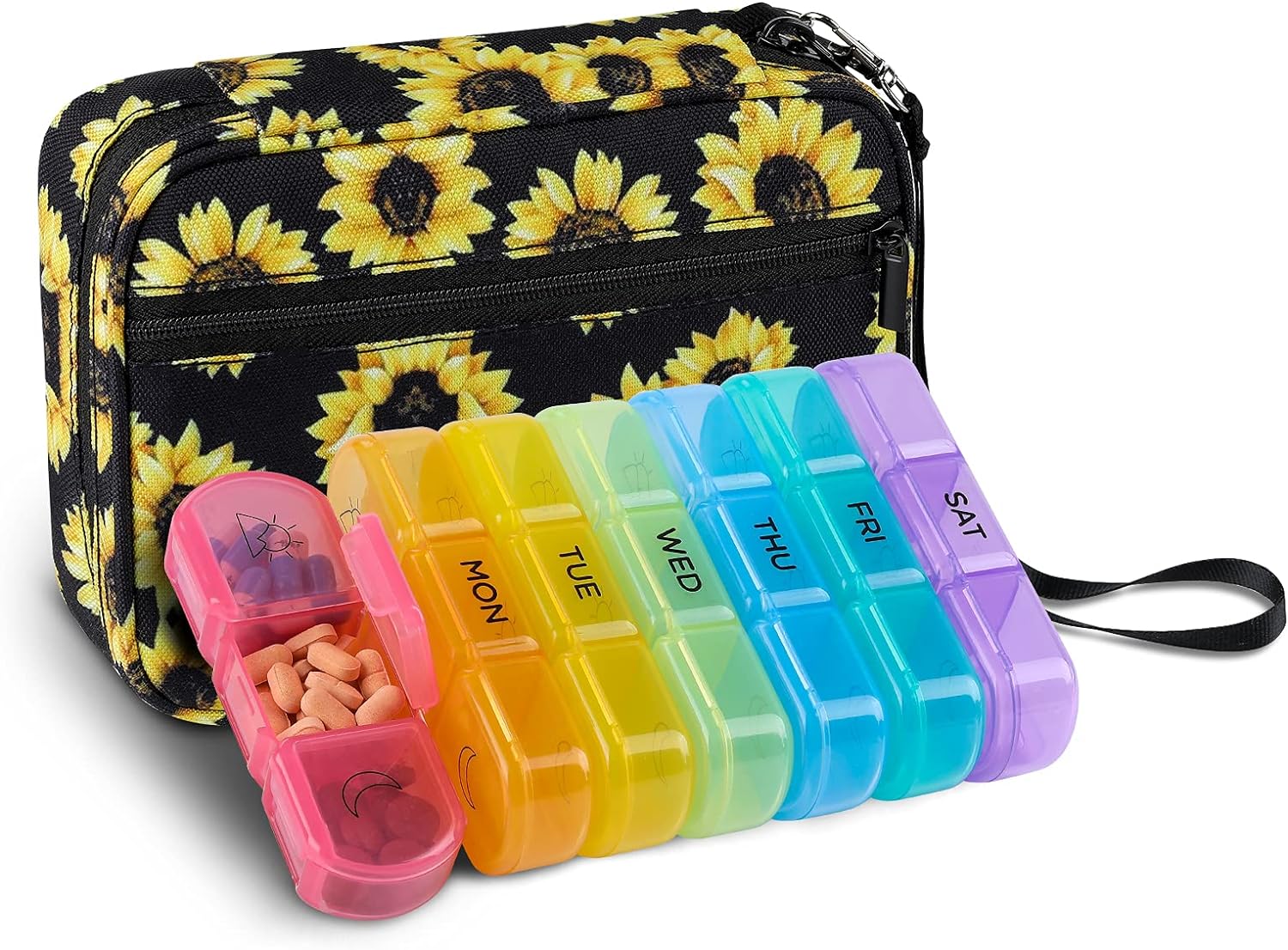 Weekly Pill Organizer 3 Times a Day with Travel Bag, Tnvee Large Portable Travel Pill Box Case for Vitamin/Fish Oil/Pills/Supplements Medicine OrganizerSunflower