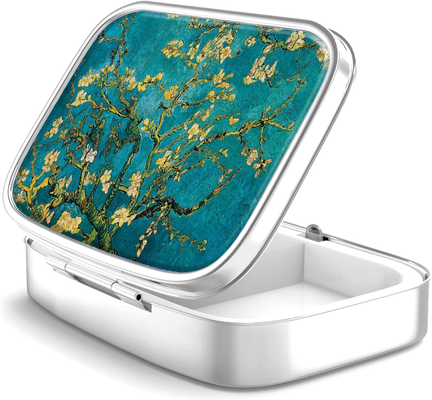 Pill Box 2 Compartment Medicine Pill Case,Portable Pill Box for Pocket or Purse Pill Box Decorative Metal Medicine Vitamin Organizer Unique Gift(Van Gogh Almond Blossom)