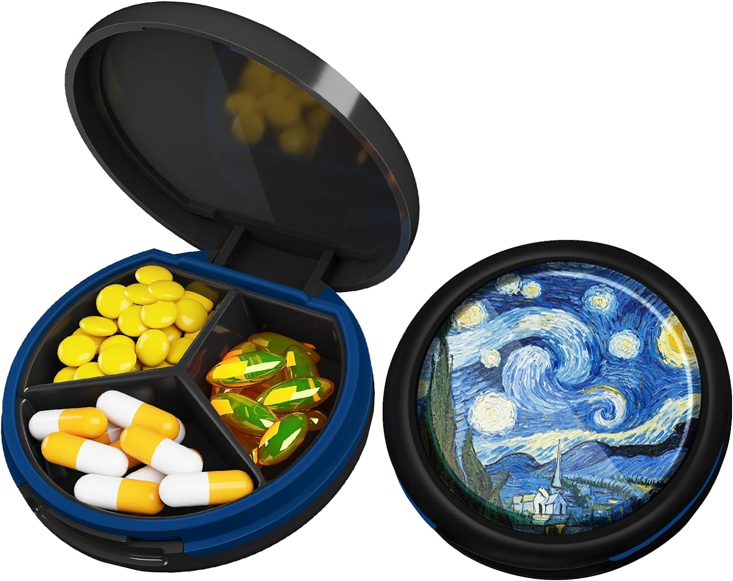 Serfeymi Small Pill Box,Pill Case for Purse&Pocket,3 Compartments Waterproof Travel Pill Case Medication Organizer Storage for Vitamins, Pills, Fish Oil and Earrings, Studs,Black-Sky Doodle