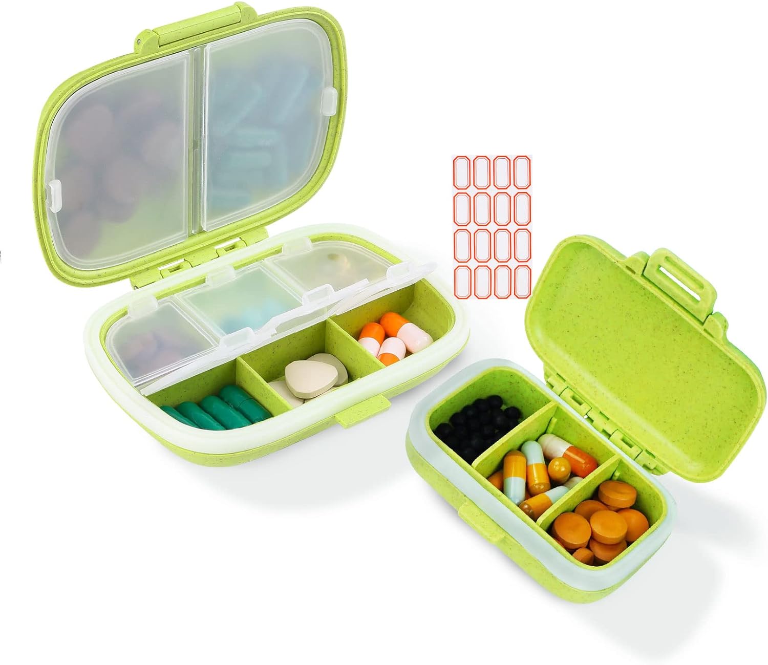 2 Pack Pill Case Organizer,Travel Pill Box with Label, Daily Medicine Organizer Case, Waterproof Pocket Container Case, Portable Green Supplement Case Medicine Container Compact for for Vitamin