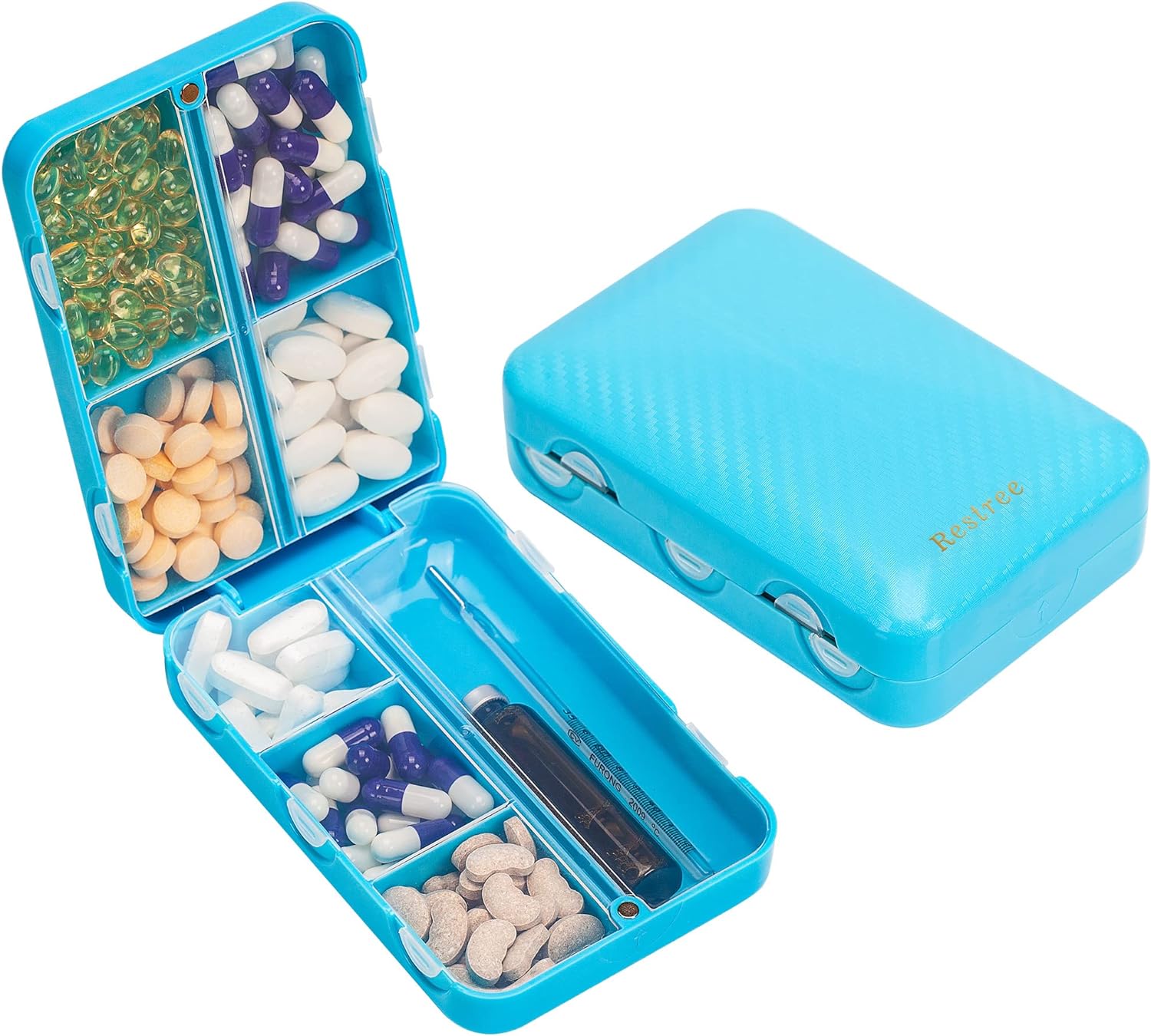 Travel Pill Organizer, Weekly Pill Box, Portable Pill Dispenser, Large Daily Pill Case for Vitamin, Medicine, Fish Oil/Supplements Flip Design 8 Compartments (Blue)