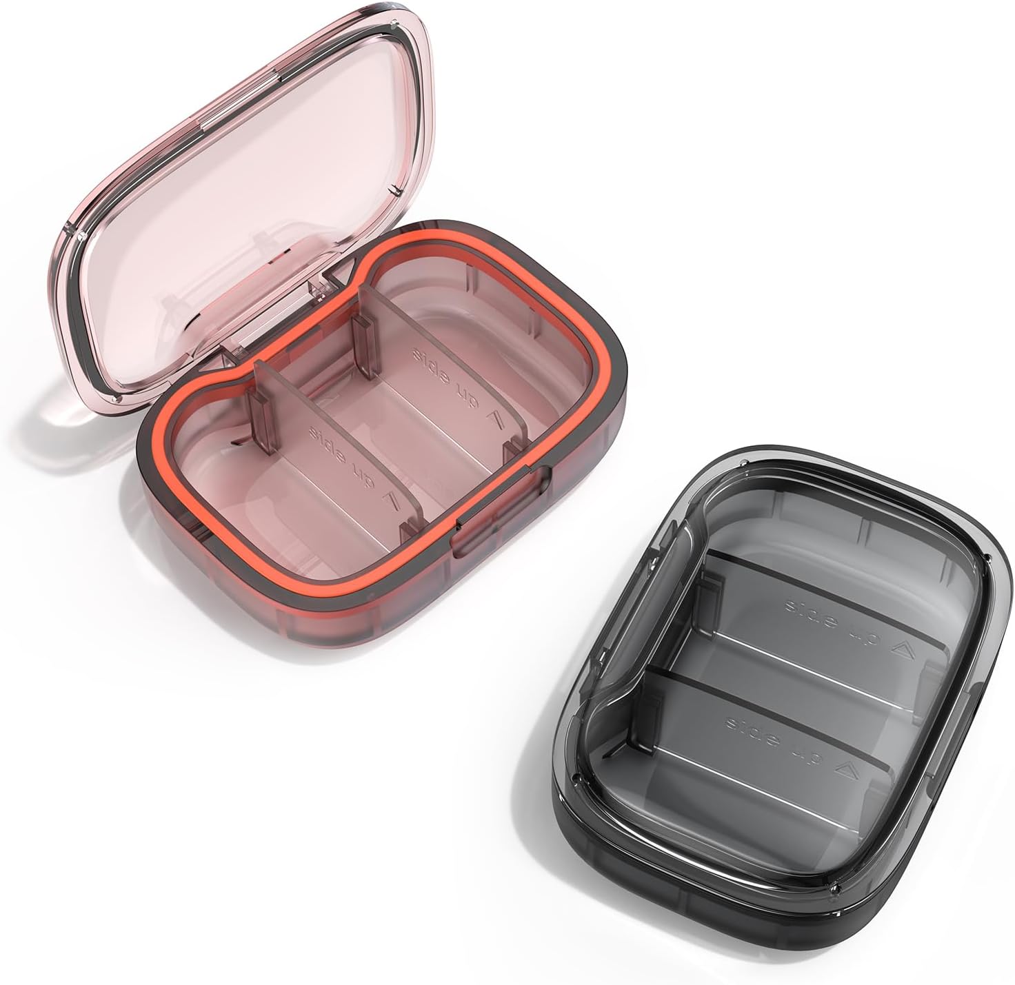 2 Pack 3 Compartment Small Pill Box, Moisture Proof Pill Case, Travel Pill Organizer for Pocket Purse, Daily Portable Medicine Vitamin Box, Fish Oil Box, Supplement Box (Black+Orange)