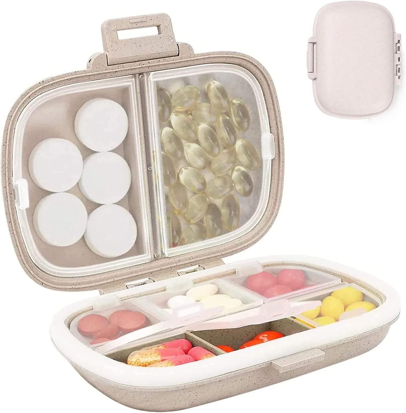 Travel Pill Container, Portable Small Cute Pill Case, 8 Compartment Small Pill Box Daily Pill Organizer for Vitamin, Supplements Storage (White)