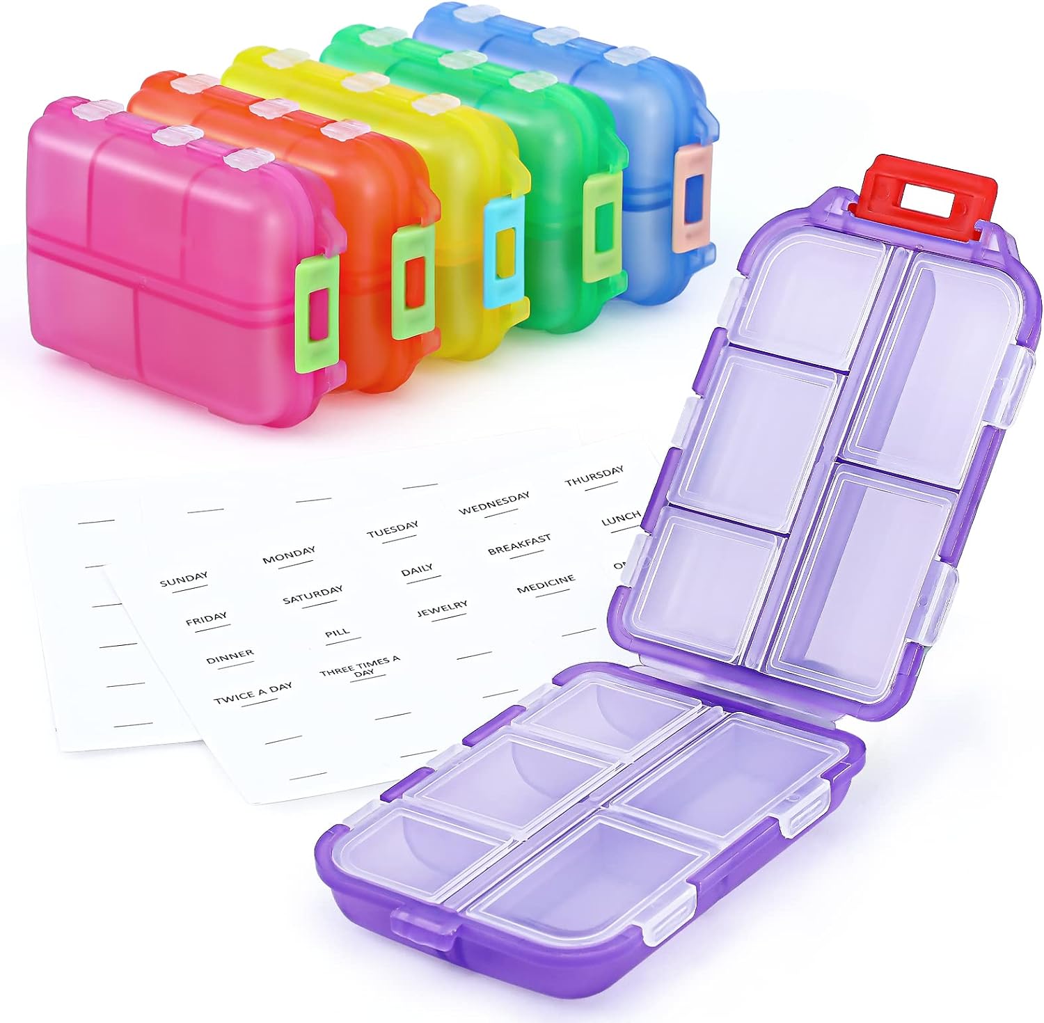 6 Pack Small Travel Pill Organizer for Purse, Pocket, Bag - 10 Compartments Pill Holder Box, Handy Medicine Container - Portable Mini Pharmacy for Weekly Daily Travel -BPA FREE Vitamin Fish Oil Case