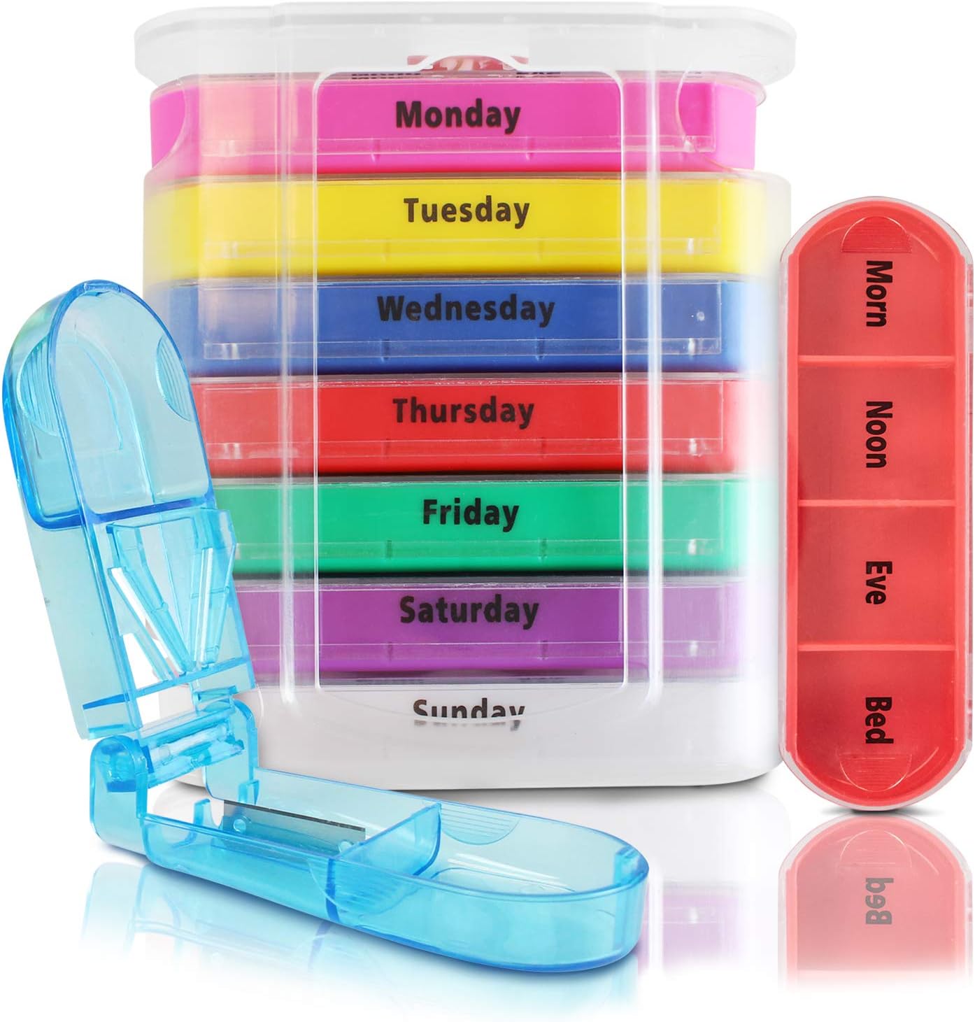 Vive Pill Organizer 4 Times a Day - 7 Day Pill Box Portable Travel Pill Case Stackable Compartments - Weekly Vitamin, Supplemenst and Medication Holder Container - AM PM Dispenser with Splitter Cutter