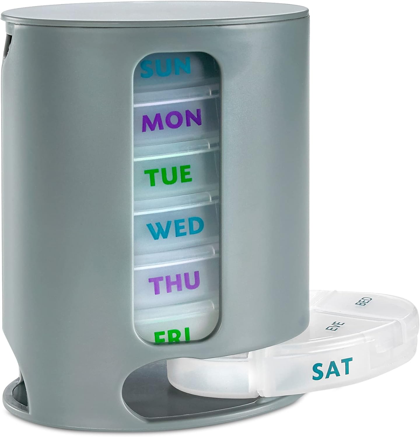 MEDca Weekly Pill Organizer, 1 Dispenser, 7 Stackable Compartments Four Times-a-Day - Morning, Noon, Evening, and Bedtime, Grey