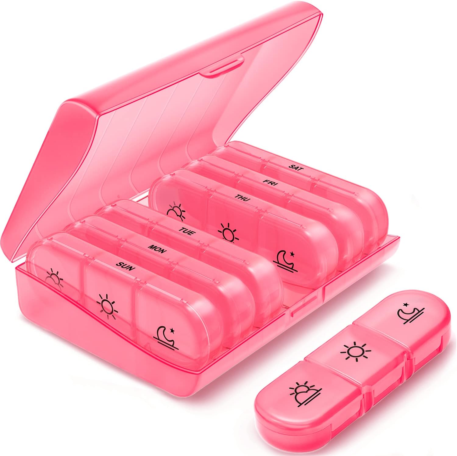 Weekly Pill Organizer 3 Times a Day, Portable Travel Pill Box 7 Day with Large Pill Containers, Light-Proof Pill Case for Vitamins, Medication, Supplements and Fish Oils, Pink