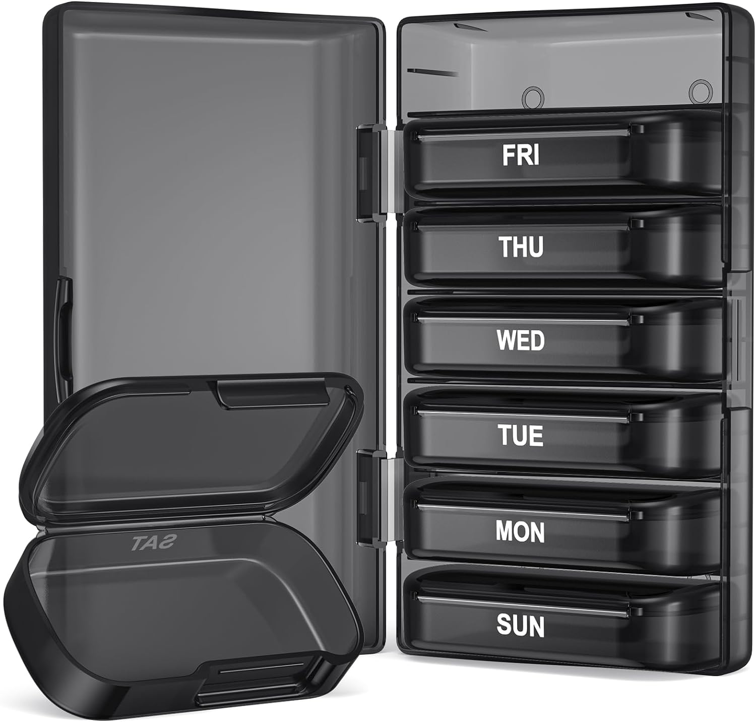 Pill Organizer with Large Capacity, Dual Protection Pill Box 7 Day, Arthritis Friendly Pill Case Easy to Open, Weekly Medicine Organizer for Vitamins, Medications, Fish Oils, Supplements (Black)