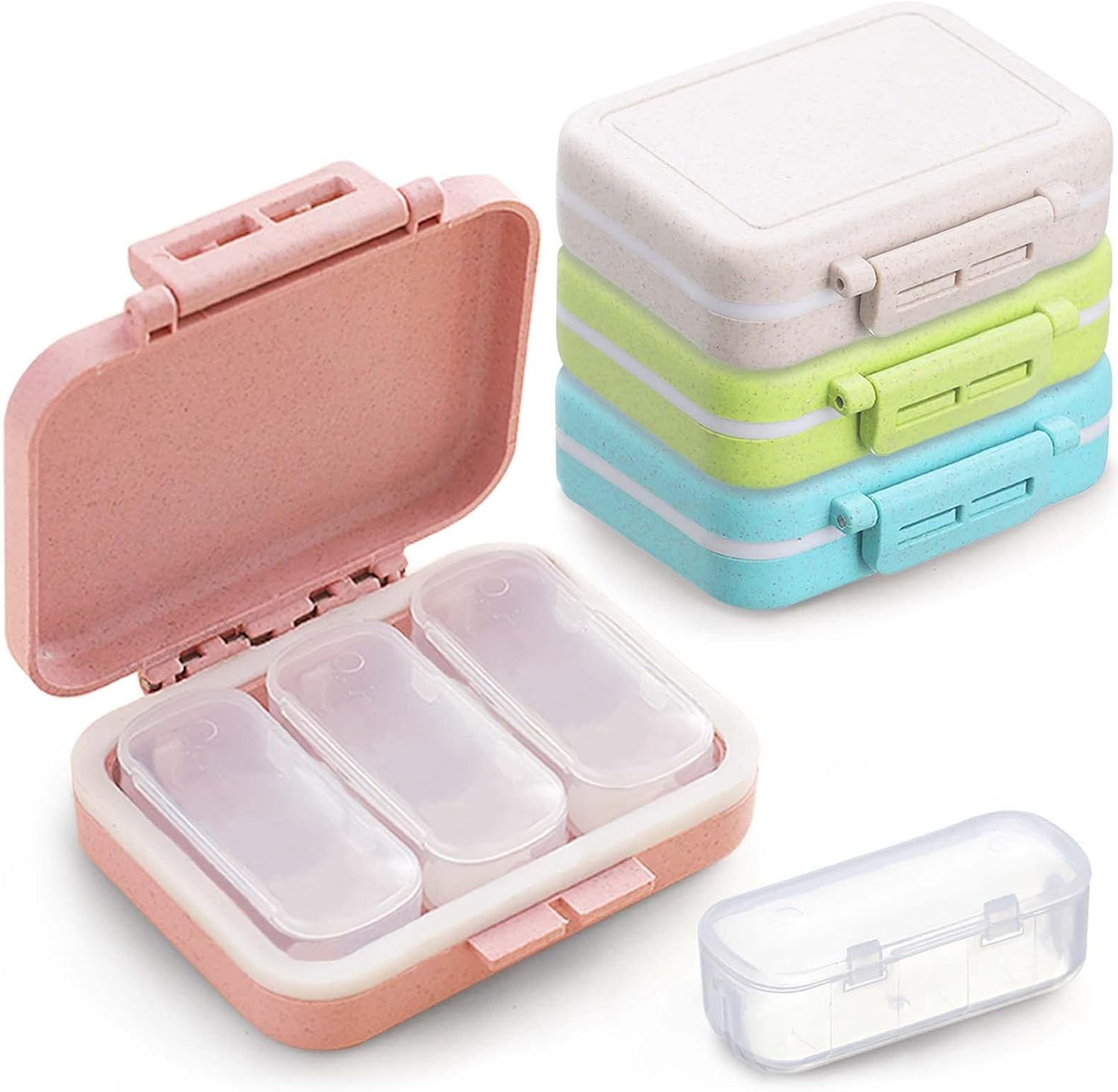 4 Pack 3 Compartments Travel Pill Box Moisture Proof Small Pill Case Portable for Pocket Purse Daily Pill Organizer Cute Pill Holder Container for Vitamins, Medicine