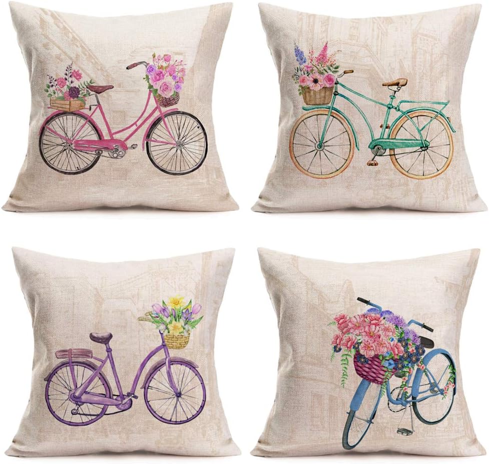 Colorful Bicycle Flowers Throw Pillow Covers 18x18 Inch Set of 4 Romantic Spring Farmhouse Decorative Pillow Cushion Cover Vintage Bike Paris Buildings with Rose Floral Leaves Pillowcase