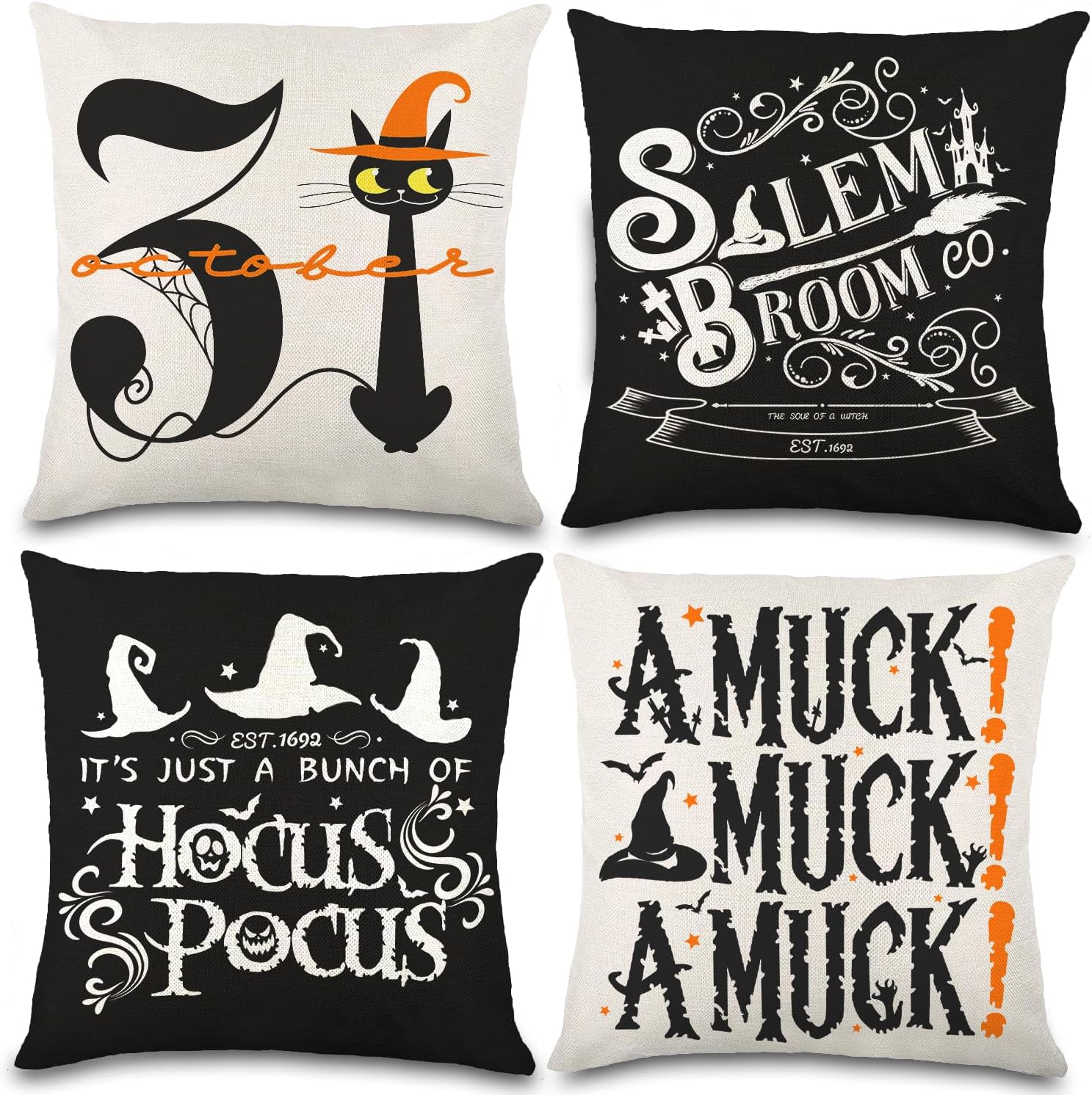 YUJUN 4 Pack Halloween Pillow Covers Decoration,18x18in Buffalo Plaid Farmhouse Saying White Black Cat Fall Throw Pillows Cushion Case Couch Decorative for Halloween Home Outdoor Decor