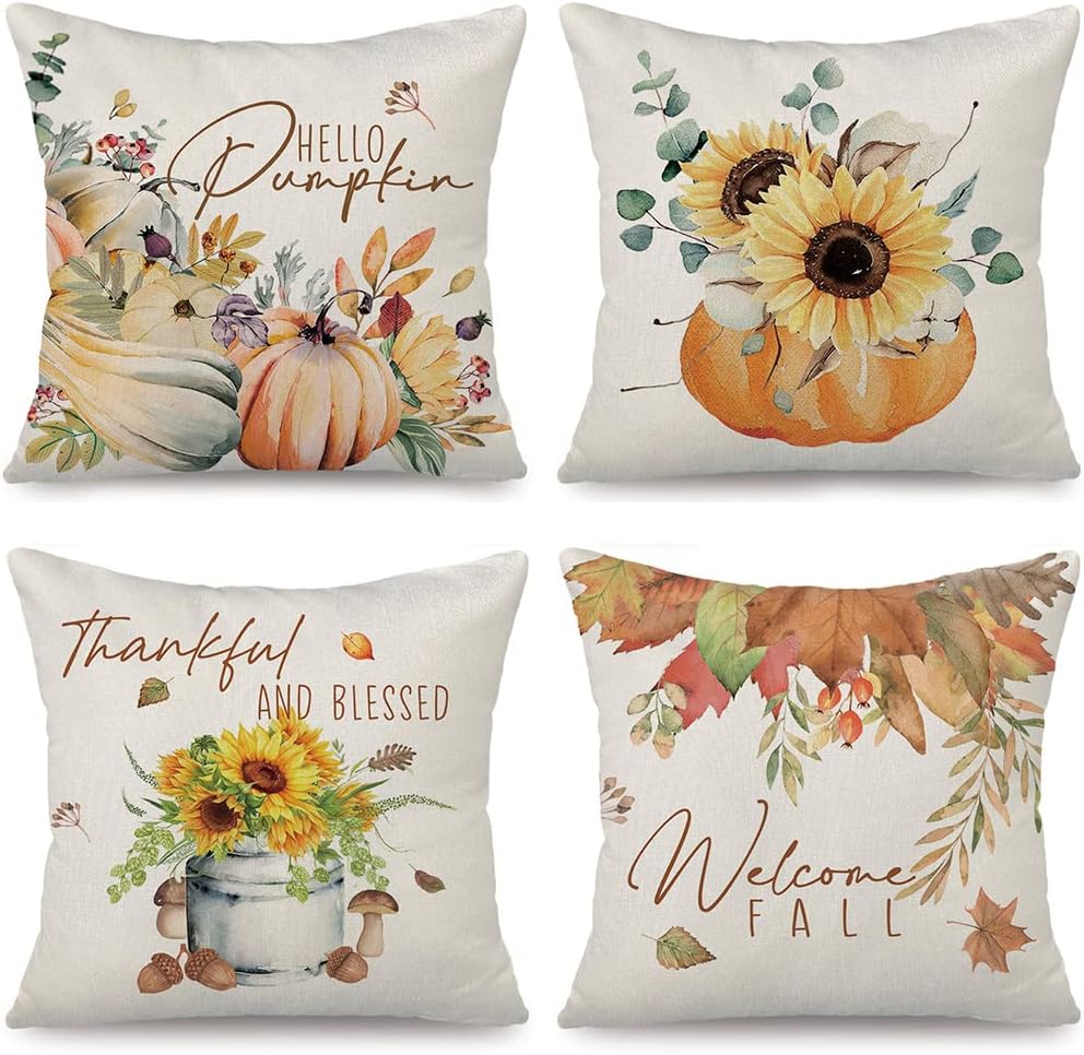 Fall Decor,Fall Pillow Covers 18x18 Set of 4 Sunflower Pumpkin Fall Pillows Autumn Farmhouse Fall Outdoor Thanksgiving Decorative Fall Throw Pillow Covers Fall Decorations for Home