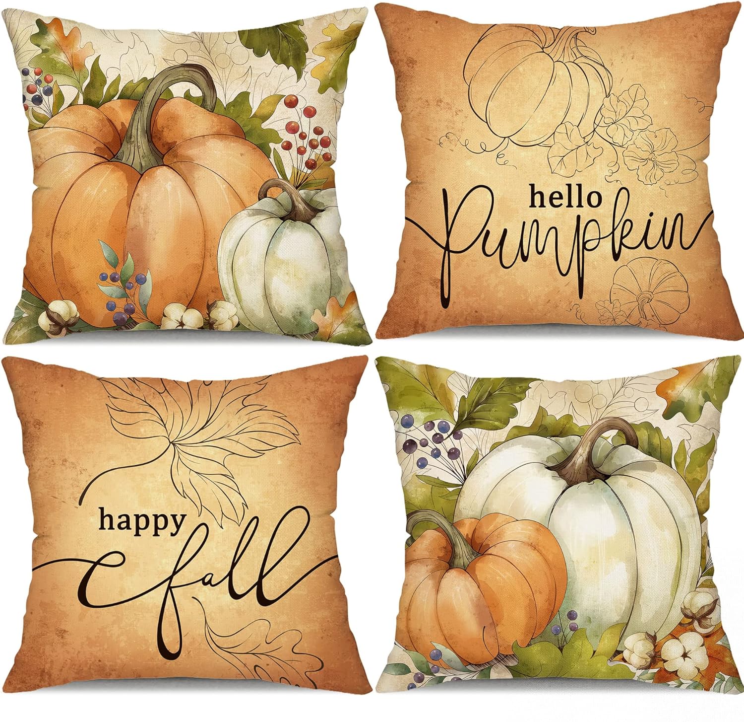 DFXSZ Fall Pillow Covers 18x18 inch Set of 4 Watercolor Pumpkin Maple Leaves Happy Fall Pumpkin Outdoor Throw Pillow Case Autumn Thanksgiving Farmhouse Decoration for Home Couch