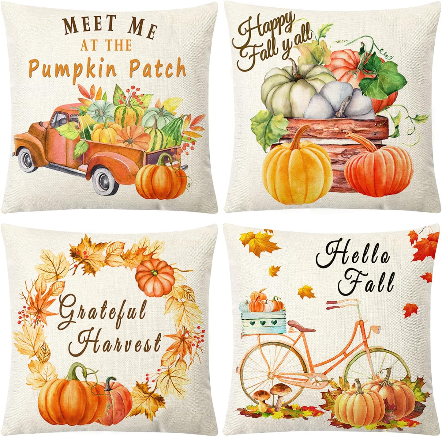 Sggvecsy Fall Pillow Covers 18x18 Set of 4 Pumpkin Truck Bicycle Maple Leaf Thanksgiving Throw Pillow Covers with Cotton Linen Autumn Cushion Case Fall Decor for Home Couch Sofa Modern Farmhouse