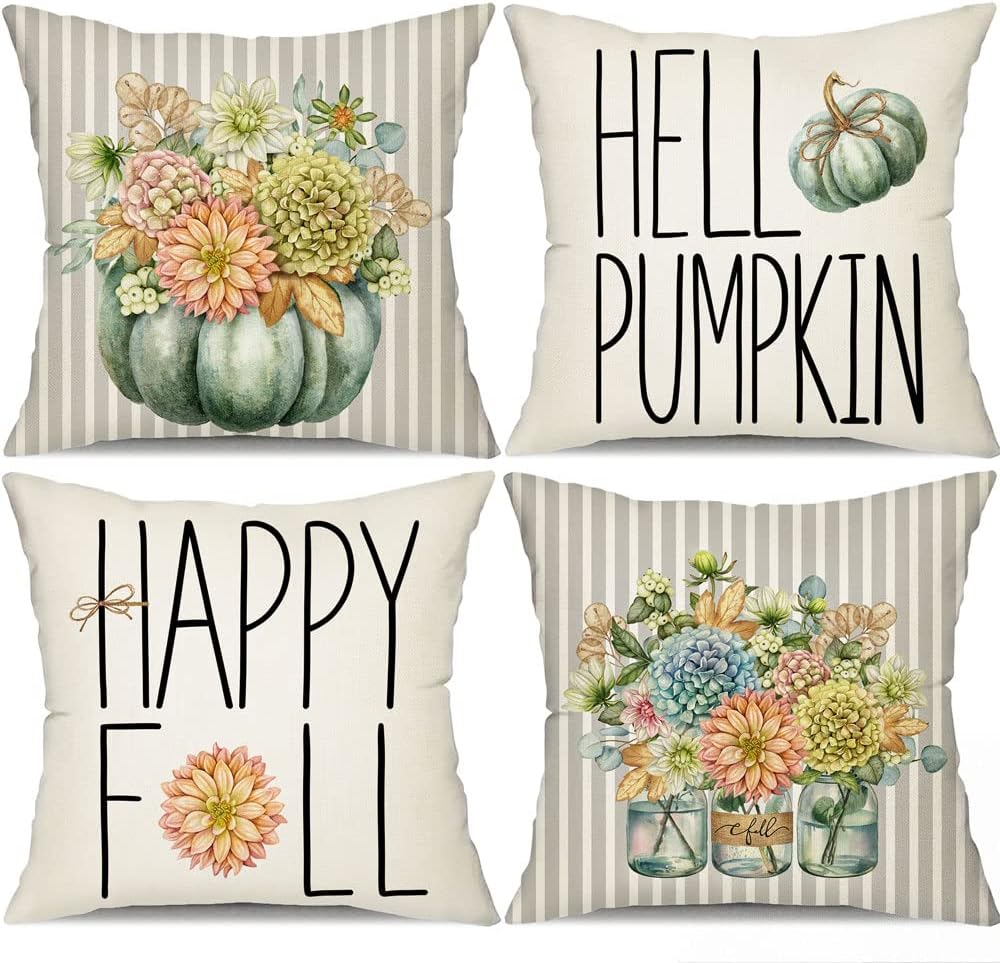 DFXSZ Fall Pillow Covers 18x18 inch Set of 4 Stripe Fall Pumpkin Flower Vaseoutdoor Throw Pillow Case Autumn Thanksgiving Farmhouse Decoration for Home Couch Bed Outdoor Car