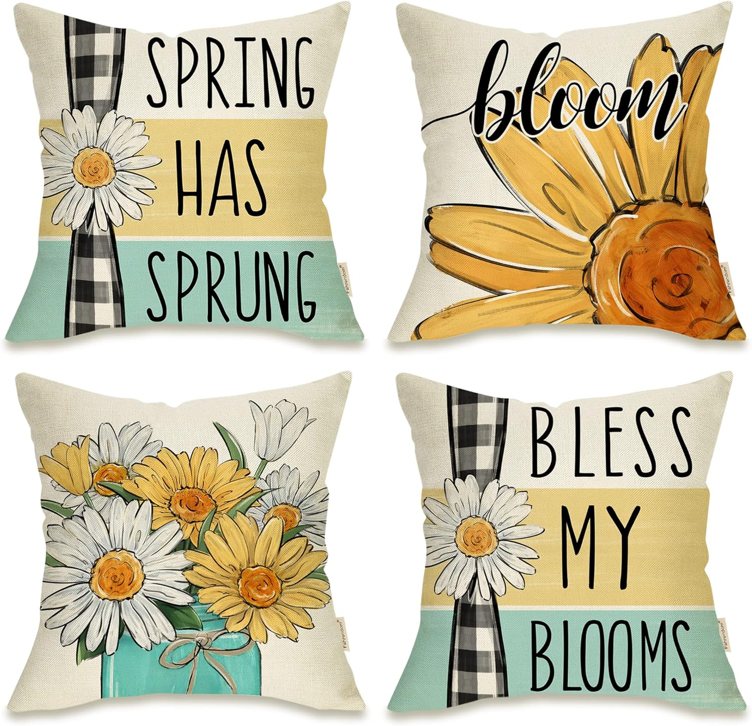 Spring Has Sprung Daisy Decorative Throw Pillow Cover 18x18 Set of 4, Farmhouse Black White Buffalo Plaid Check Flower Outdoor Pillowcase Quote Bless My Blooms Floral Cushion Case Home Decor