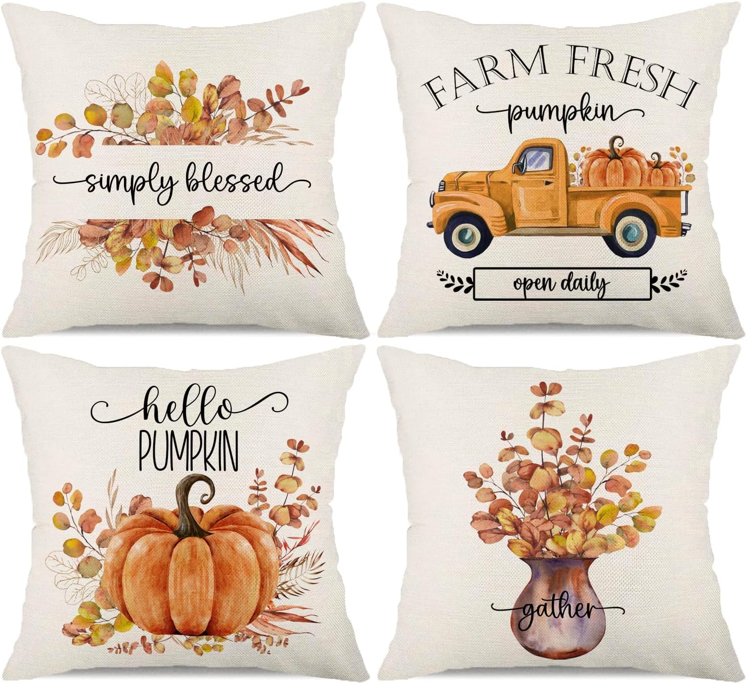 Fall Decor Pillow Covers 18x18 Set of 4 Farmhouse Decorations Pumpkin Truck Fall Eucalyptus Outdoor Throw Pillows Hello Pumpkin Autumn Thanksgiving