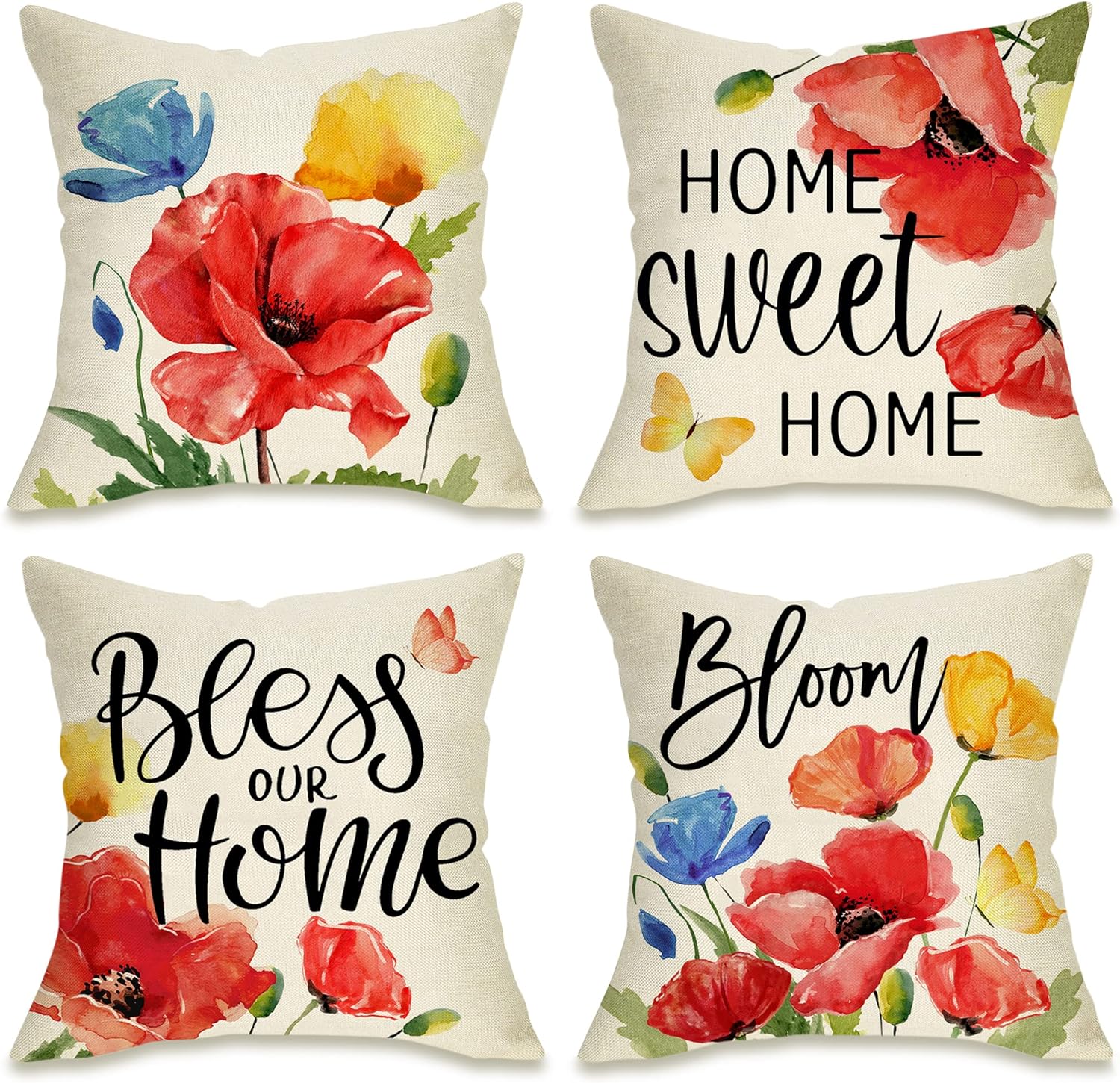 Floral Flowers Decorative Throw Pillow Covers 18 x 18 Set of 4, Spring Summer Bless Our Home Sweet Home Porch Patio Outdoor Pillowcase Bloom Sofa Couch Cushion Case Home Decor