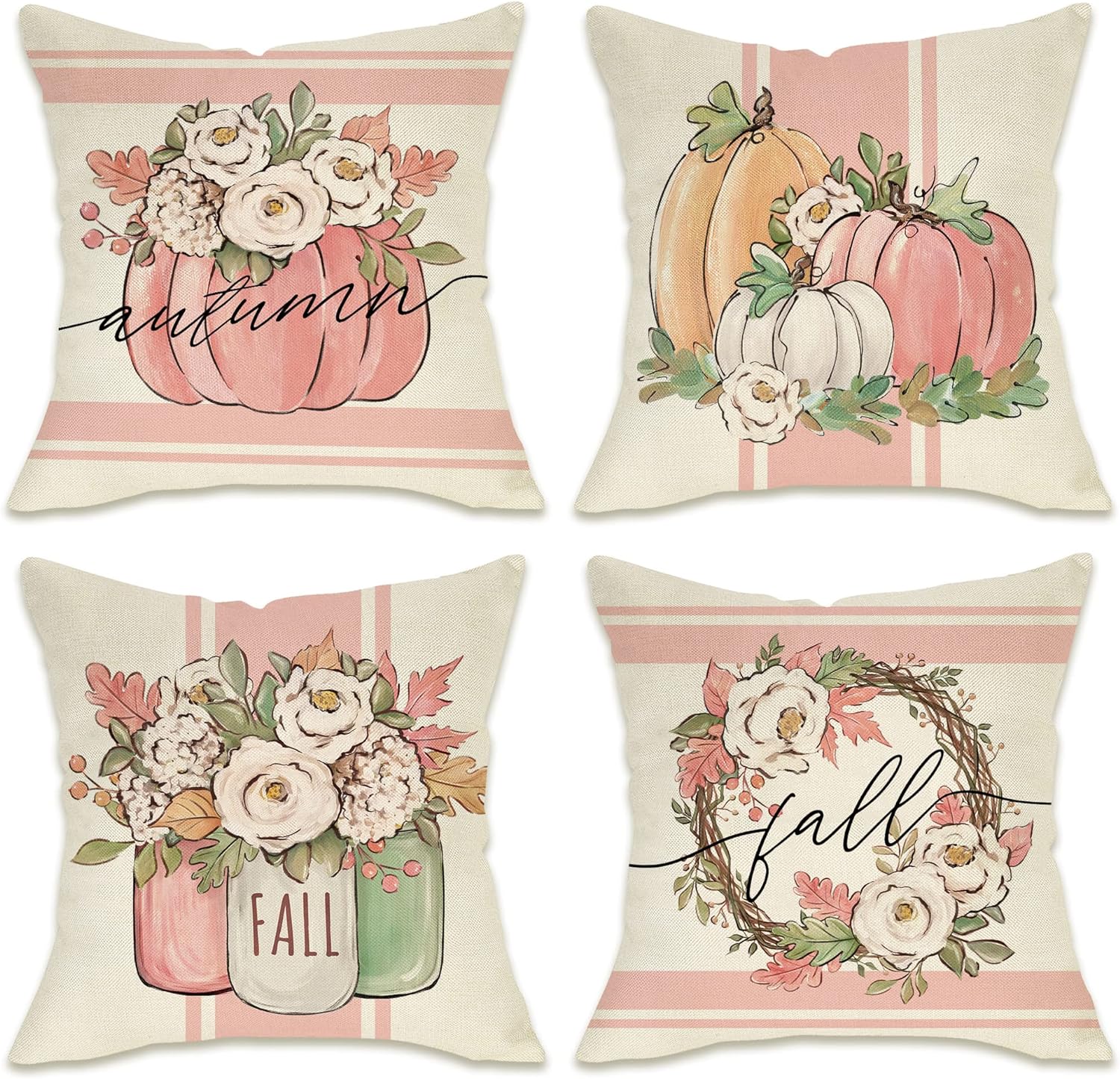 Fall White Pink Pumpkin Patch Flower Decorative Throw Pillow Cover 18x18 Set of 4, Autumn Camellia Floral Wreath Mason Jar Porch Patio Outdoor Pillowcase Seasonal Cushion Case Home Decor