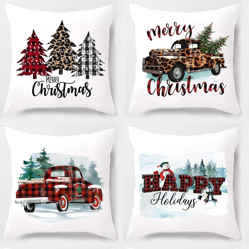 PSDWETS Christmas Decor Buffalo Check Plaid Truck Watercolour Christmas Tree Throw Pillow Covers Set of 4 Home Decorative Cotton Polyester Cushion Case for Farmhouse Decor,18 x 18 Inches