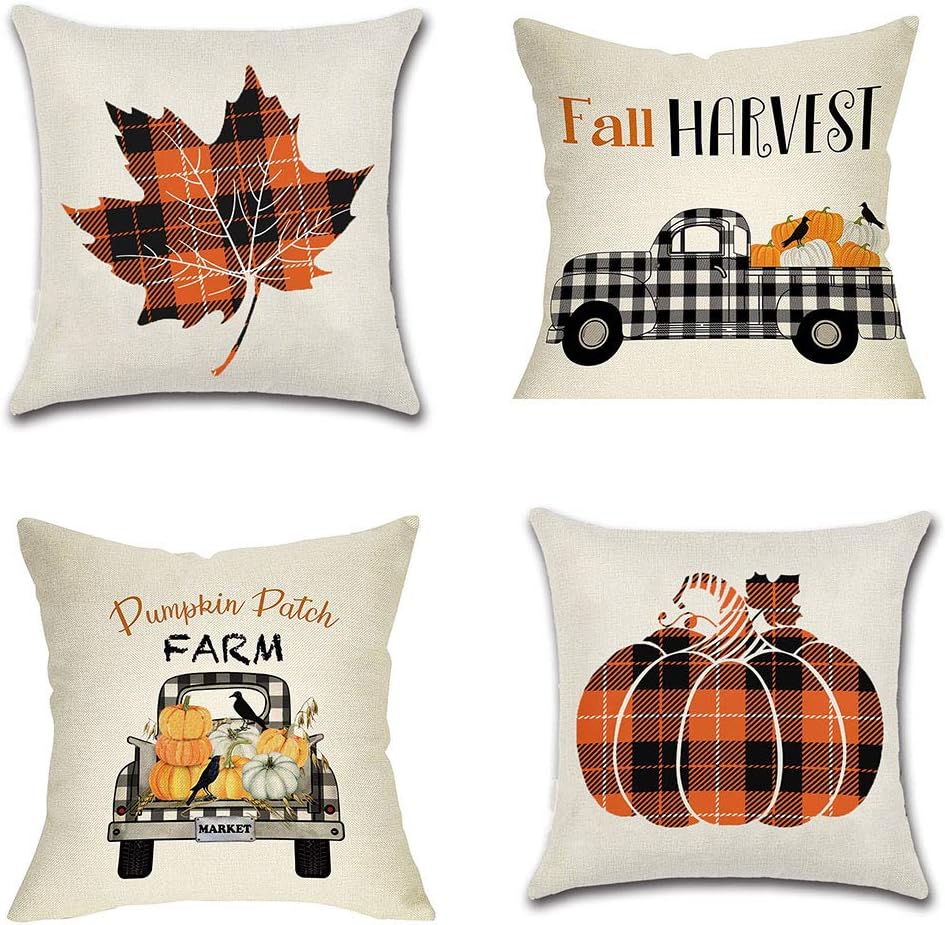 PSDWETS Fall Decor Pumpkin Maple Leaf Pillow Covers Set of 4 Autumn Theme Fall Harvest Pumpkins Truck Farmhouse Decorative Throw Pillow Covers 18 x 18 for Fall Decorations