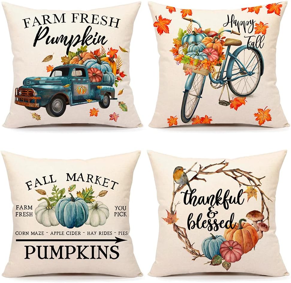 4TH Emotion Fall Decor Pillow Covers 18x18 Set of 4 Thanksgiving Blue Pumpkin Farmhouse Decorations Thankful Blessed Farm Outdoor Fall Pillows Decorative Throw Cushion Case for Home Couch TH031-18