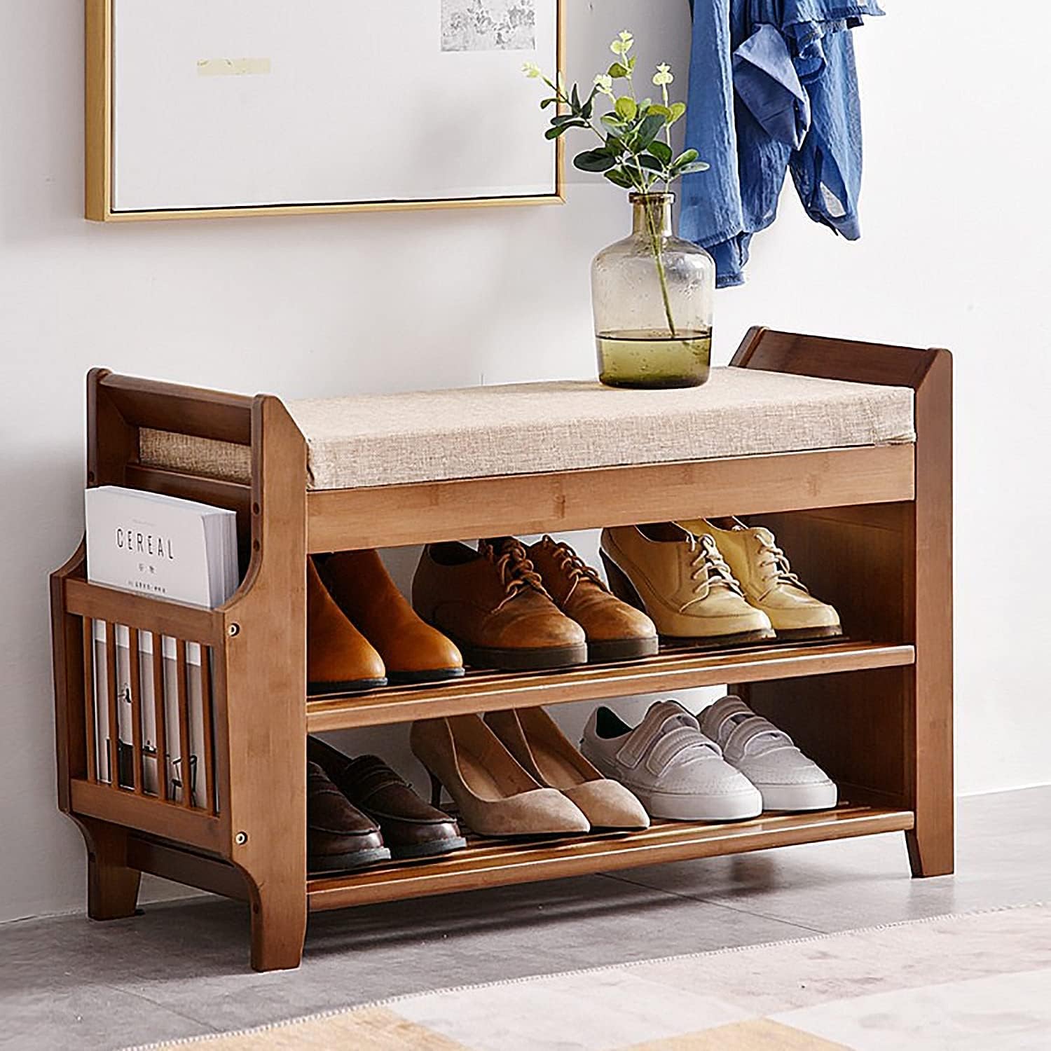 2 Tier Shoe Bench, Bamboo Shoe Rack Bench, Shoe Storage Bench Organizer for Entryway Hallway Living Room