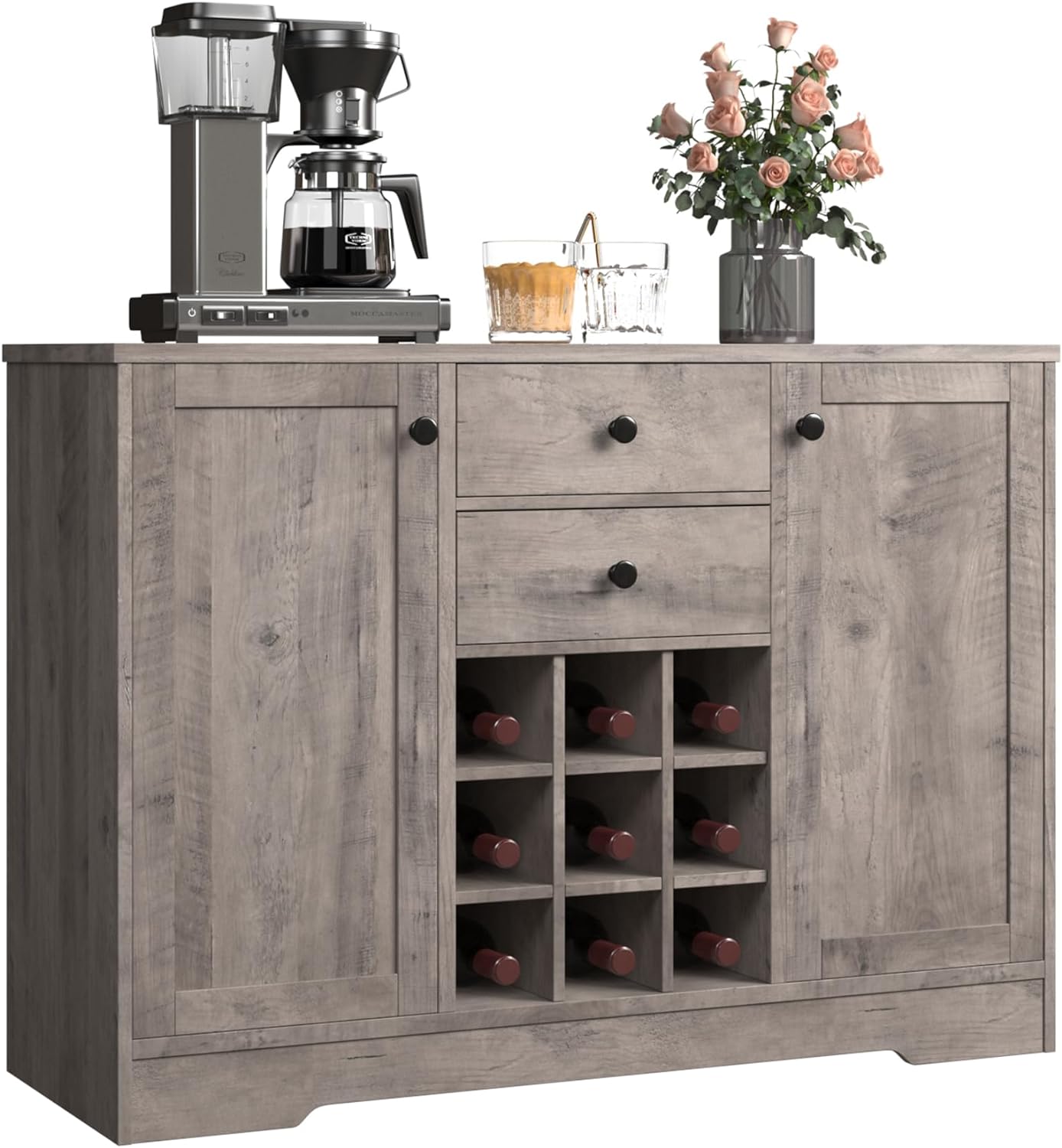 Coffee Bar Cabinet, Kitchen Buffet Storage Cabinet with Storage, 43.3 Buffet Sideboard Bar Cabinet with Drawers, Adjustable Shelves and Wine Rack for Kitchen, Dining Room