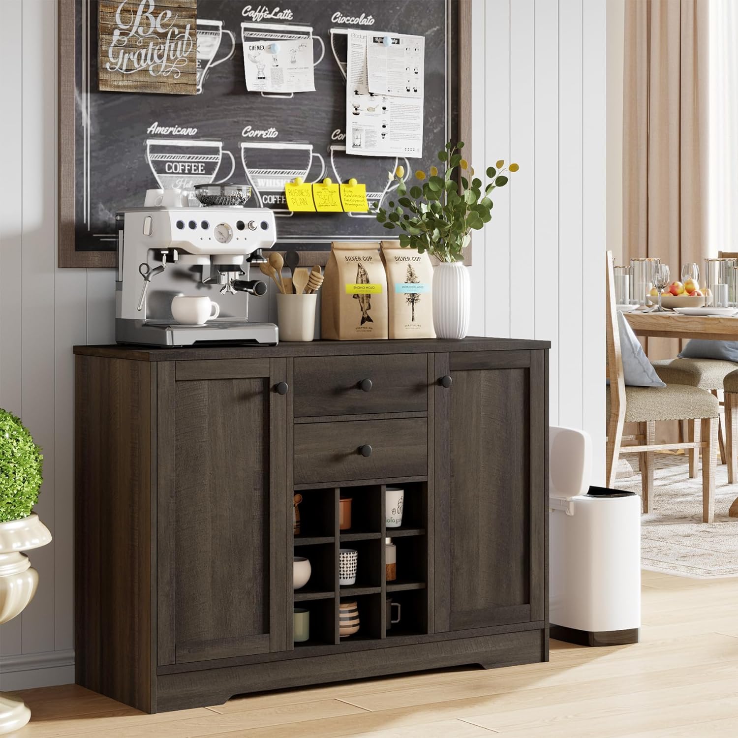 Buffet Sideboard Bar Cabinet with Storage, Farmhouse Coffee Bar Cabinet with 2 Drawers and Adjustable Shelves, 43.3 Kitchen Buffet Storage Cabinet for Kitchen, Dining Room (Dark Brown)