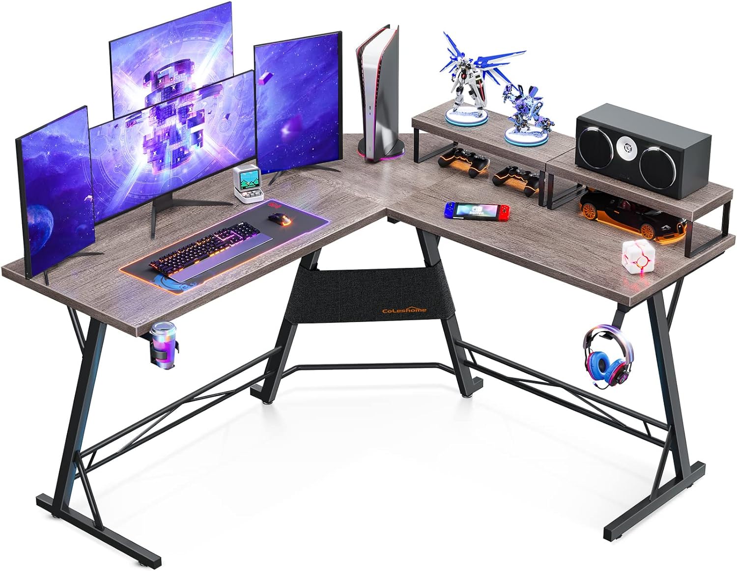 Coleshome L Shaped Gaming Desk, 51'' Computer Corner Desk with 2 Monitor Stands, Home Office Desk with Hook and Cup Holder, Space Saving, Easy Assembly