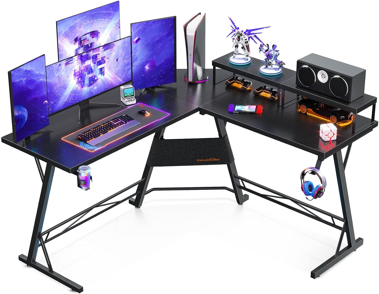 Coleshome L Shaped Gaming Desk, 51'' Computer Corner Desk with 2 Monitor Stands, Home Office Desk with Hook and Cup Holder, Space Saving, Easy Assembly