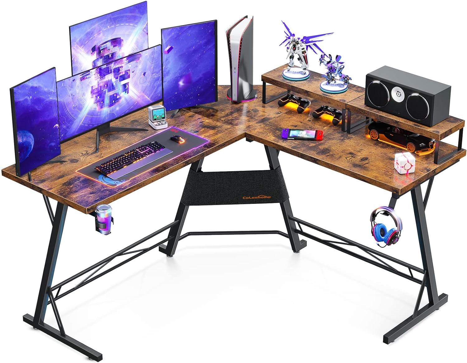 Coleshome L Shaped Gaming Desk, 51'' Computer Corner Desk with 2 Monitor Stands, Home Office Desk with Hook and Cup Holder, Space Saving, Easy Assembly