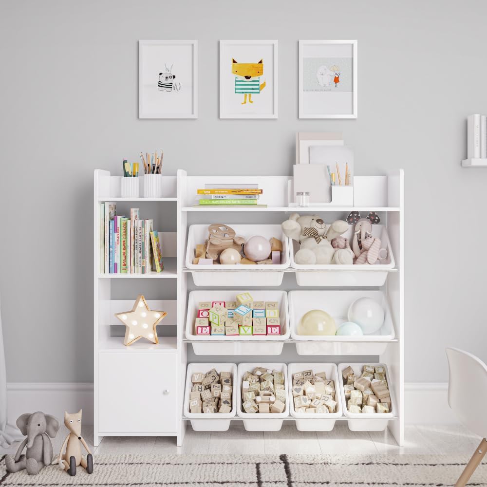 Toy Organizer with 12 Shelves, 8 White Plastic Bins, and Wall Mounting - Perfect for Keeping Kids' Toys and Books Organized