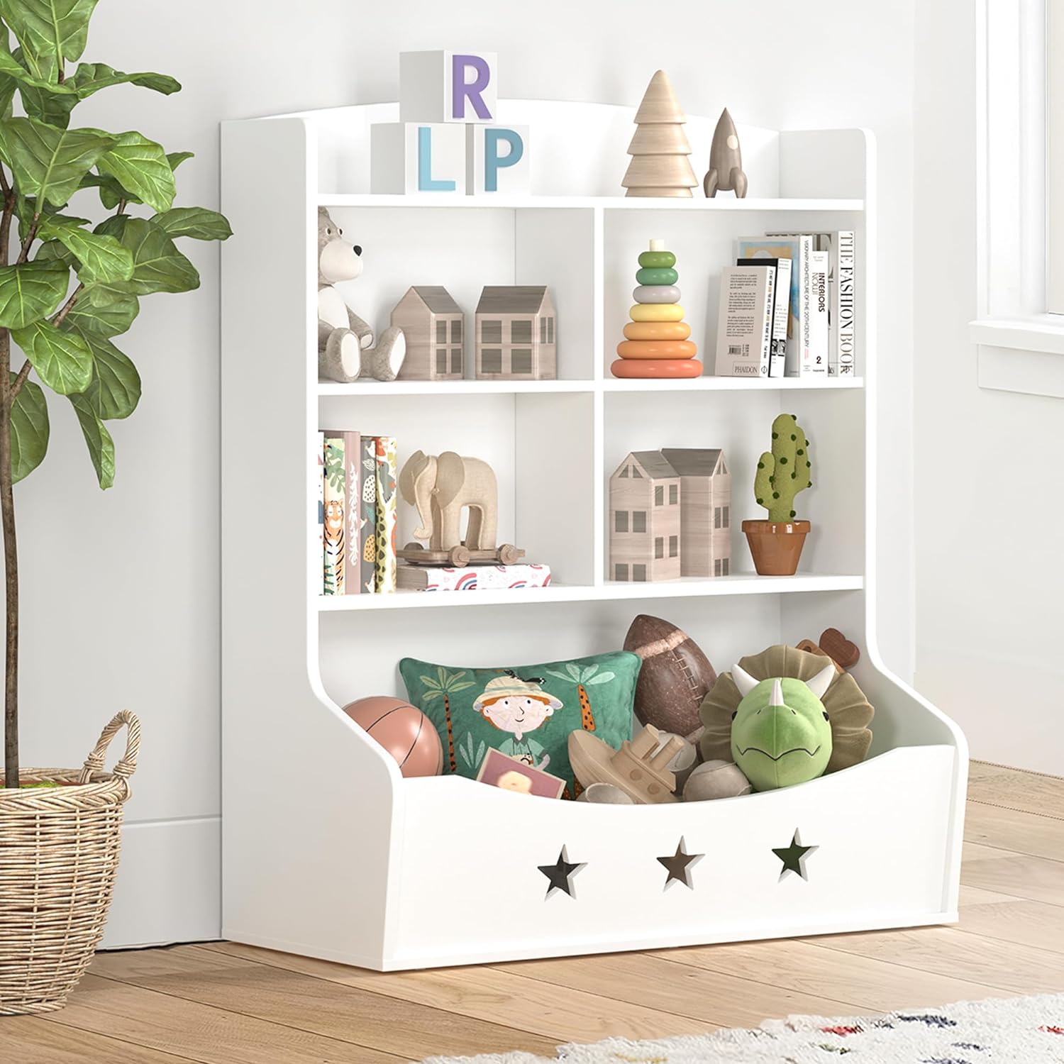 Kids Bookshelf, Three-and-a-Half Tier Wooden Bookcase, Bookshelf for Playing Room, Nursery, Bedroom, Toy Storage Cabinet with 5 Cube Units, Star Pattern Kids' Toy Storage Organizer, White