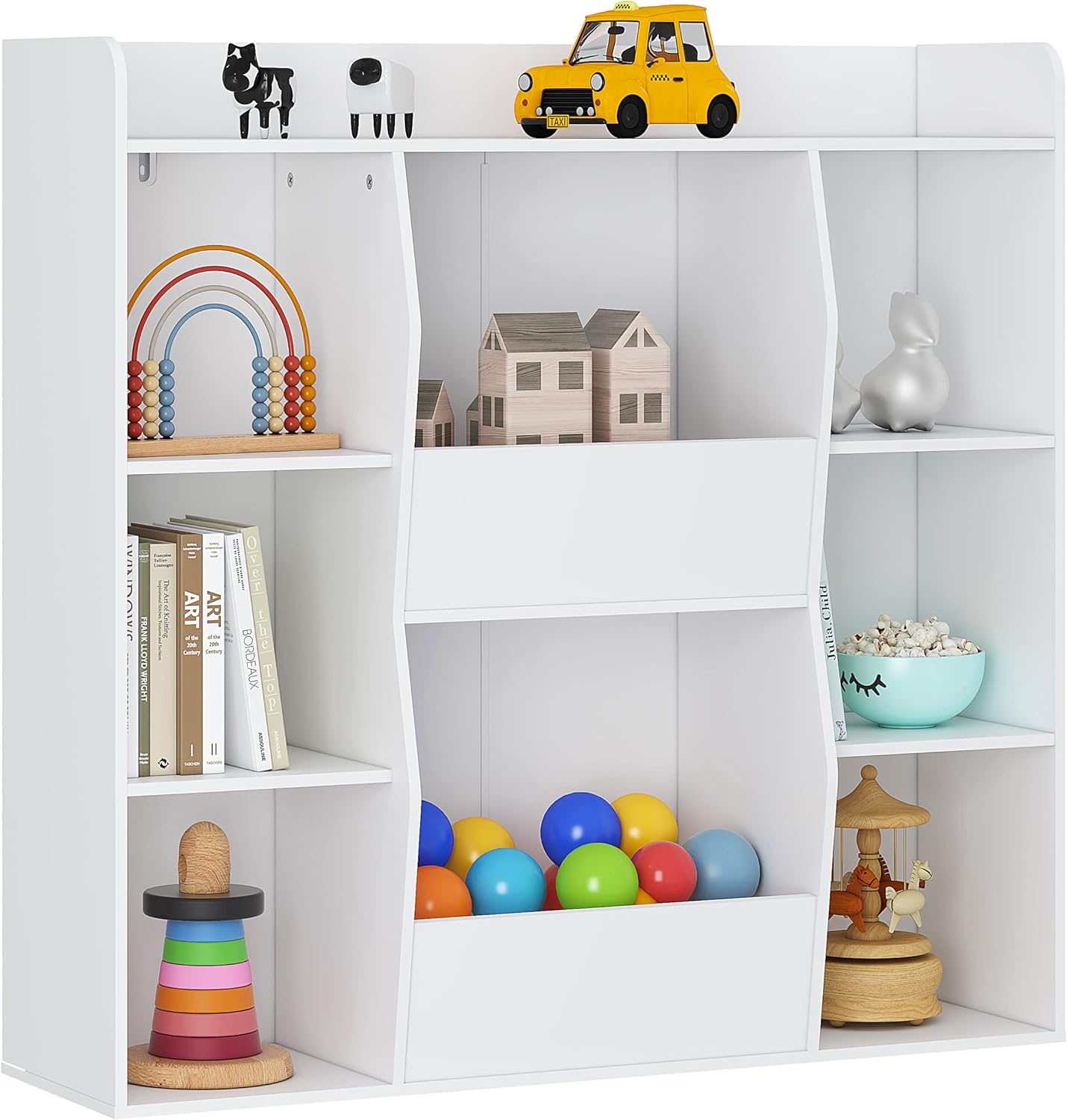 UTEX Kids Toy Storage and Bookshelf, Multifunctional Bookcase with 8 Cubbies and Bins, Open Kids Bookshelf Organizer Display Stand, Large Toy Storage Cabinet for Kids Room, Classroom, Nursery, White