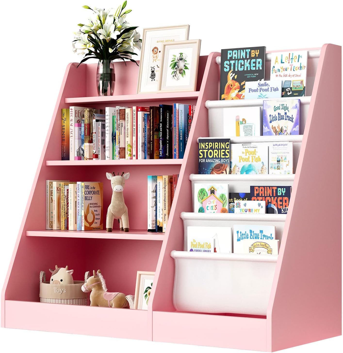 Pink 4 Tier Kids Wooden Bookshelf, Five Layer Sling Bookcase, Baby Storage Book Rack, Book and Toy Organizer Cabinet, Book Display, for Playroom, Bedroom, Toddler Room, Nursery,Classroom (Pink)