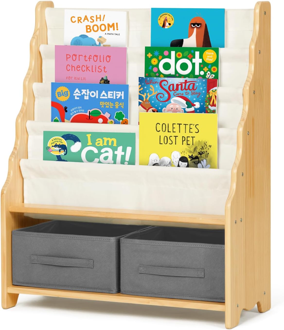 Solid Wooden Bookshelf for Kids, 27.6 L x 11 W x 34 H Toddler Bookshelf Equipped with 4 Sling Bookshelf, 2 Toy Organizer Shelves and Storage Boxes