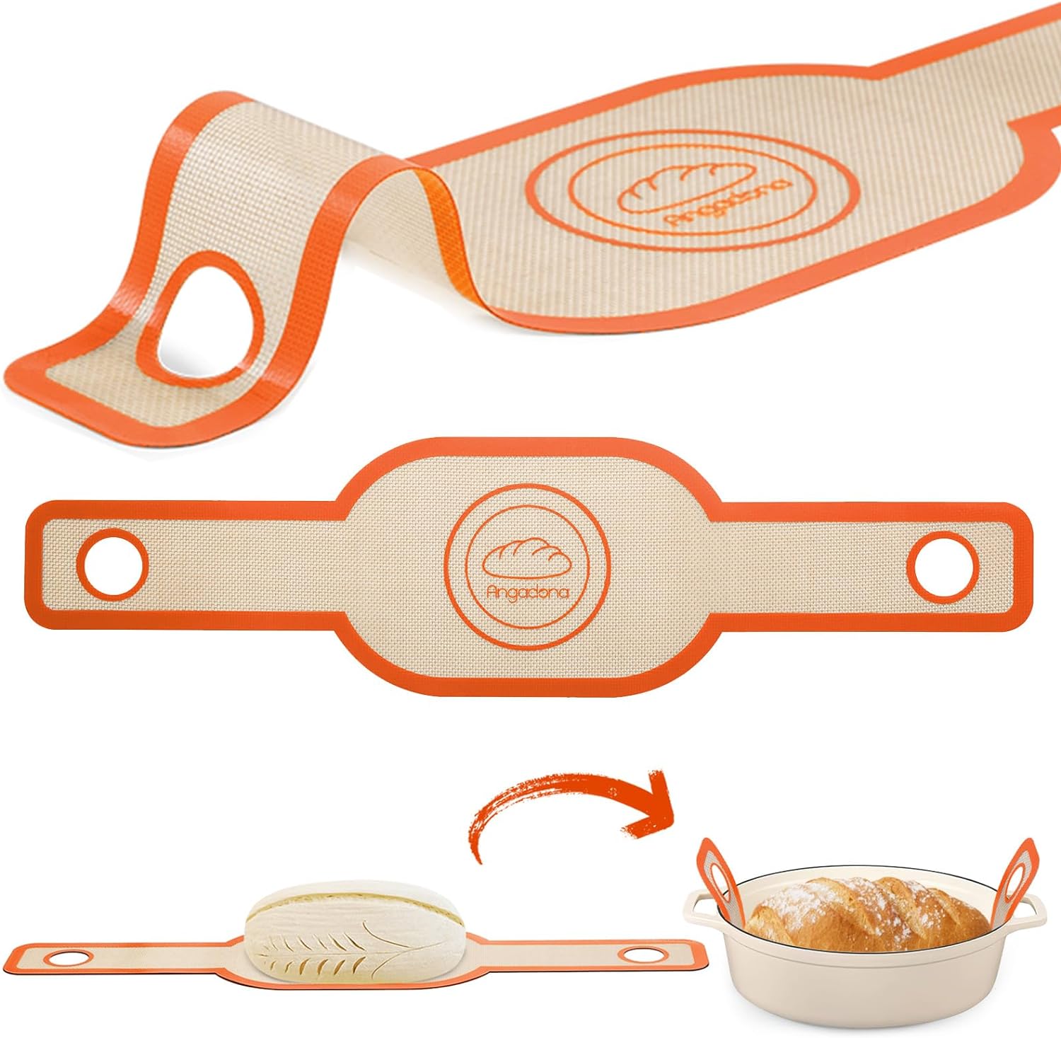 Silicone Bread Sling Oval - Non-Stick & Easy Clean Reusable Oval Silicone Baking Mat for dutch oven. With Long Handles Sourdough Bread Baking mat tools supplier Liner, 1 pcs Orange