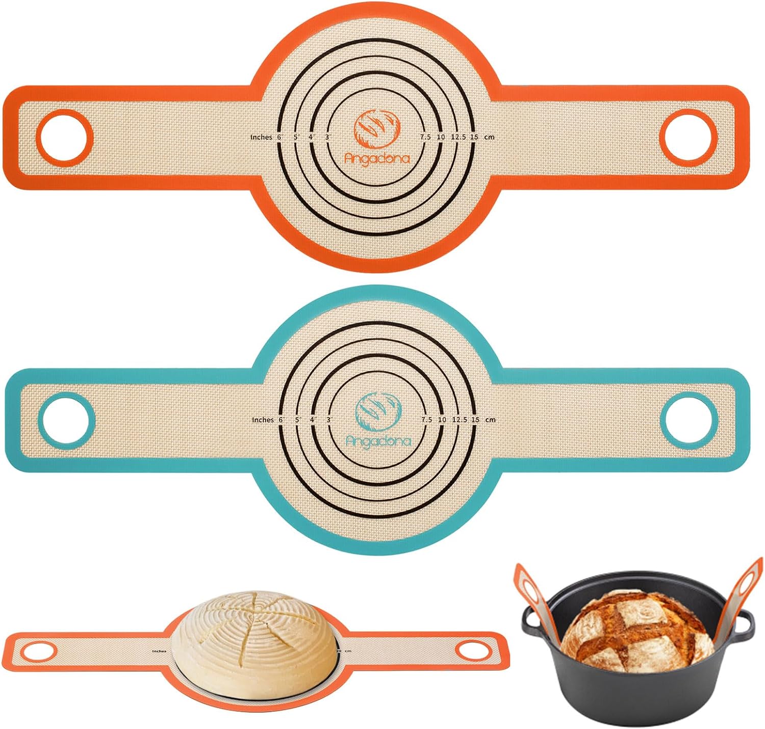 Silicone Bread Sling Dutch Oven - Best Japan Silicone. Non-Stick & Easy Clean Reusable Silicone Bread Baking Mat. With Extra Long Handles Bread Baking Sheet Liner, 2 Mix Colour set Transferable Dough