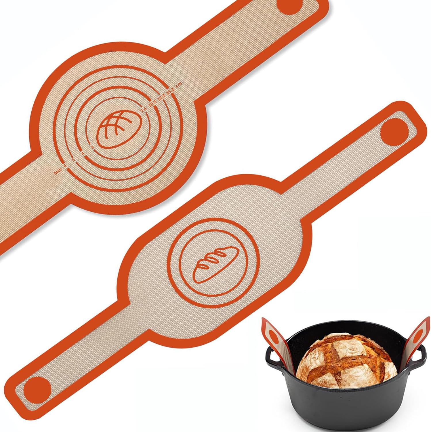 Silicone Bread Sling Oval and Round for Dutch Oven, Non Stick Reusable Silicone Baking Mat with Long Handles Sourdough Bread Baking Supplies and Making Tools, Orange