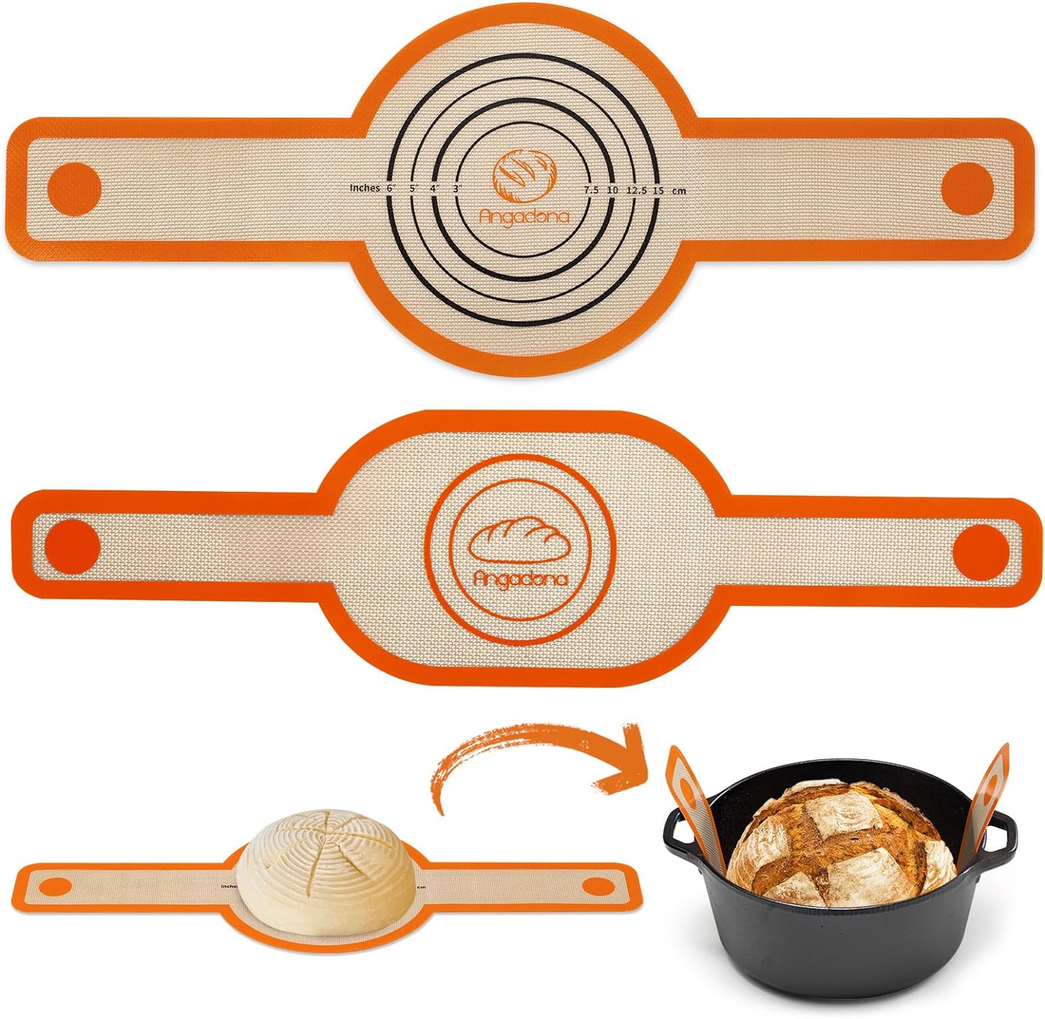 Silicone Bread Sling Oval and Round - Non-Stick & Easy Clean Reusable Oval Silicone Baking Mat for dutch oven. With Long Handles Sourdough Bread Baking mat tools supplier Liner,2 Orange Set