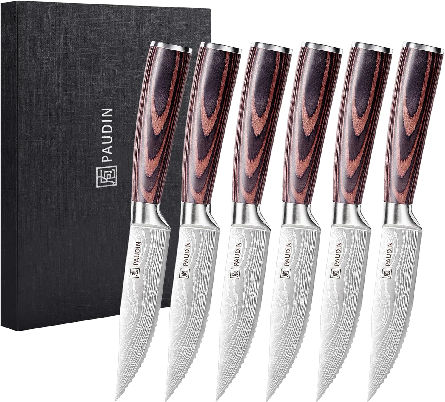 PAUDIN Steak Knives Set of 6, Kitchen Steak Knives 5.25 inch, High Carbon Stainless Steel Steak Knife Set, Super Sharp Serrated Steak Knives with Pakkawood Handle for Steak House Restaurant