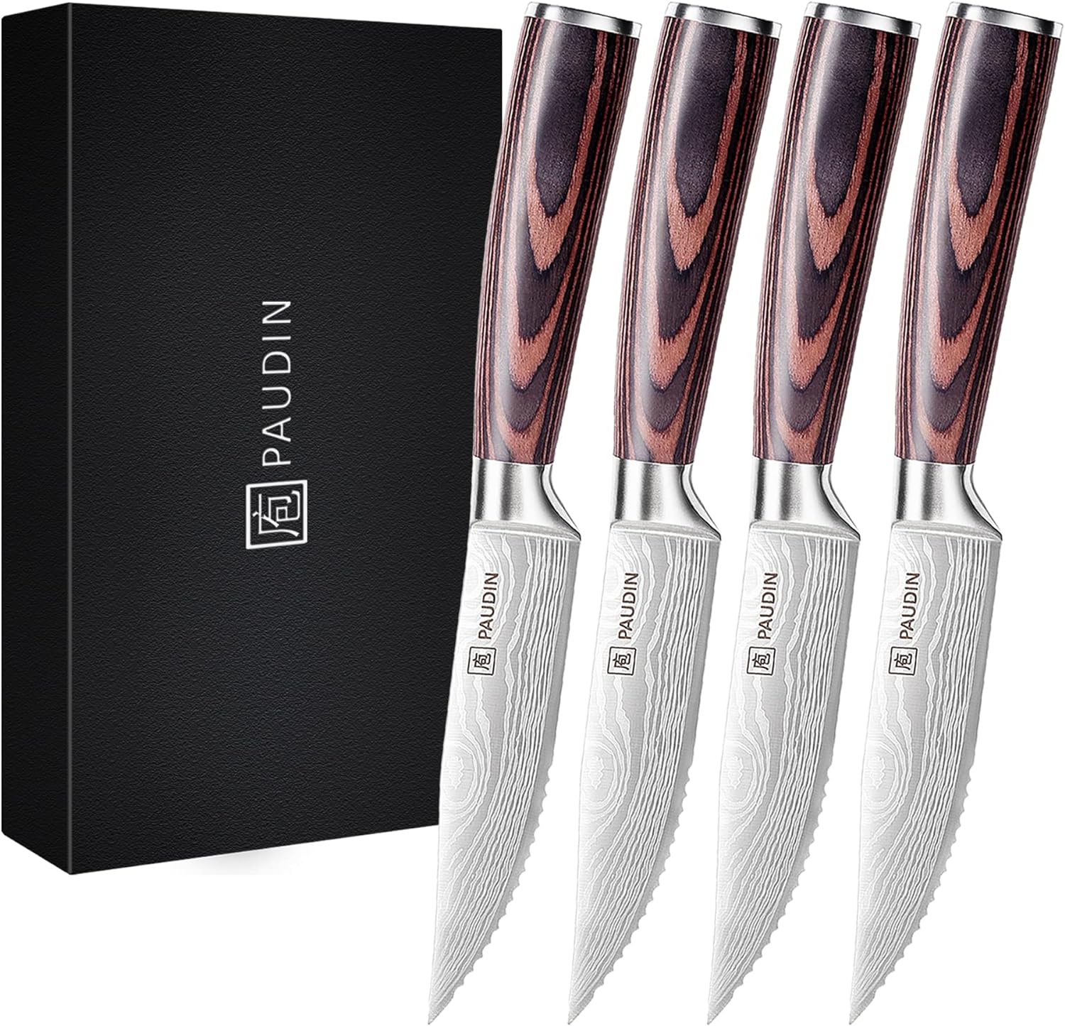 PAUDIN Steak Knives Set of 4, Ultra Sharp Steak Knives 5.25 Inch, High Carbon Stainless Steel Serrated Steak Knife Set Pakkawood Handle, Kitchen Knives Set with Gift Box