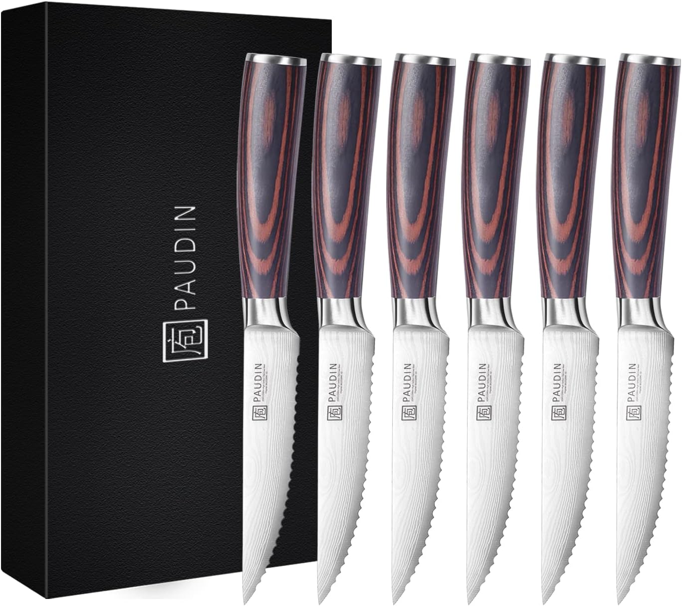 PAUDIN Steak Knives Set of 6, Kitchen Steak Knife 4.5 Inch, High Carbon Stainless Steel Steak Knives, Serrated Steak Knife with Pakkawood Handle, Dinner Knives with Gift Box