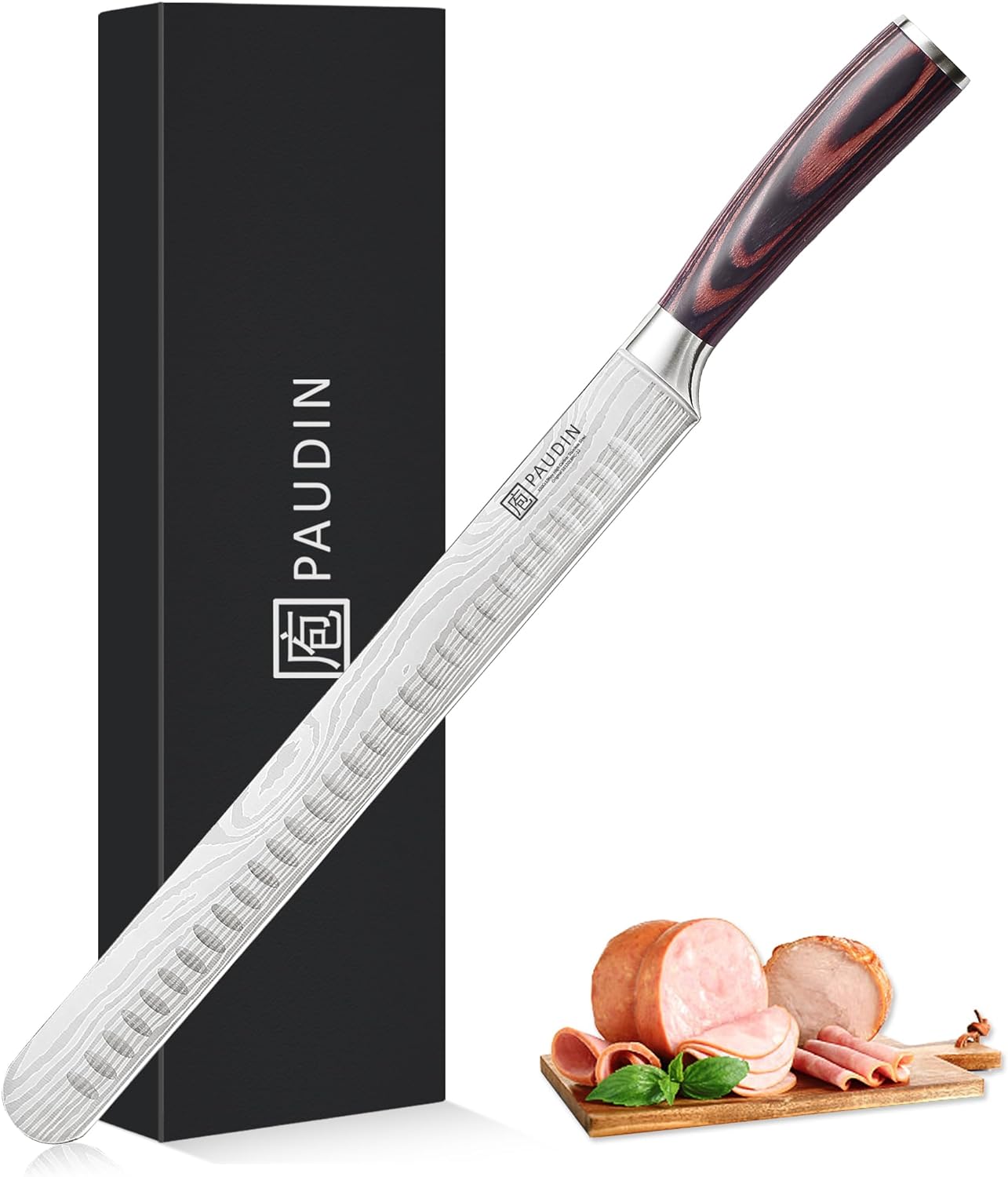 PAUDIN Brisket Knife, 12 Inch Carving Knife, Stainless Steel Brisket Slicing Knife for Meat Cutting, Razor Sharp Butcher Knife with Granton Edge for Roasts, BBQ, Turkey