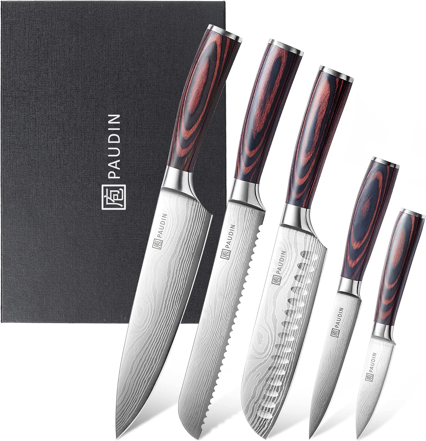 PAUDIN Kitchen Knife Set, Ultra Sharp Knife Set with Pakkawood Handle, High Carbon Stainless Steel Knives Set for Kitchen, 5 Piece Chef Knife Set Come with Gift Box