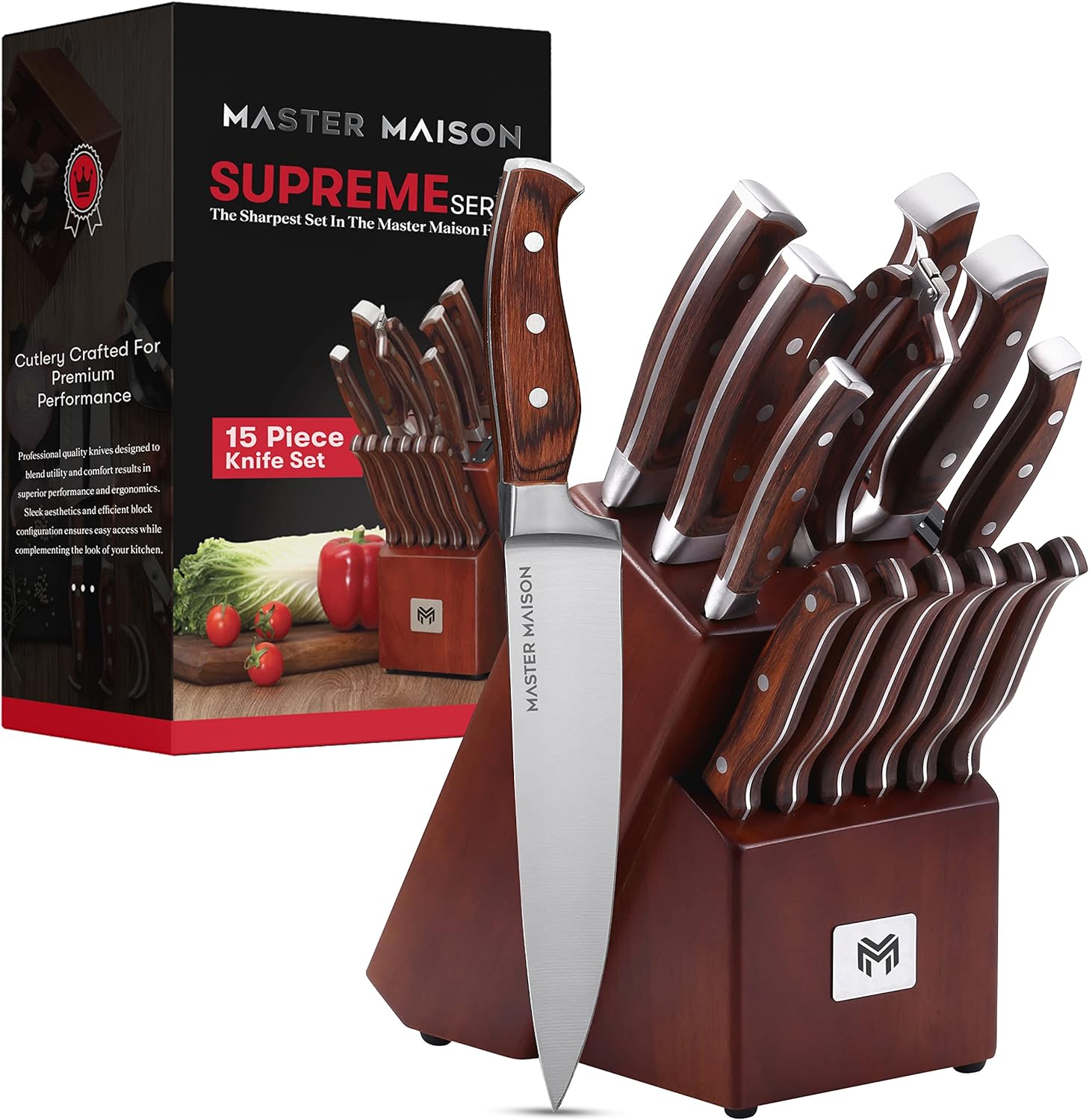 Master Maison 15-Piece Premium Kitchen Knife Set With Block - German Knife Set - Stainless Steel Knives With Knife Sharpener & 6 Steak Knives (Walnut)