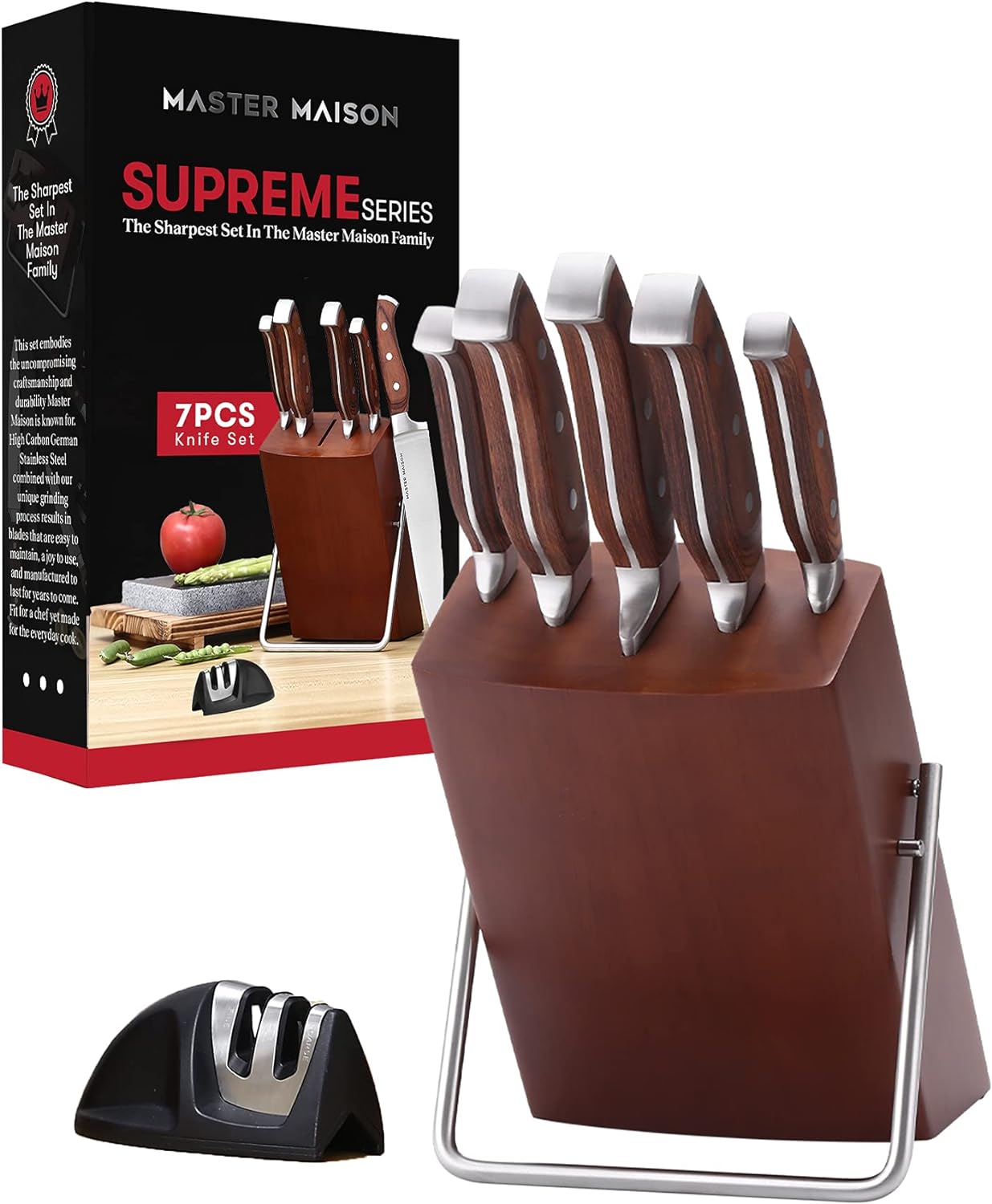 Master Maison 7-Piece Premium Walnut Kitchen Knife Set with Knife Block & Dual Knife Sharpener German Stainless Steel Knives | Professional Butcher Block Knife Set For Kitchen | Chef Knife Sets